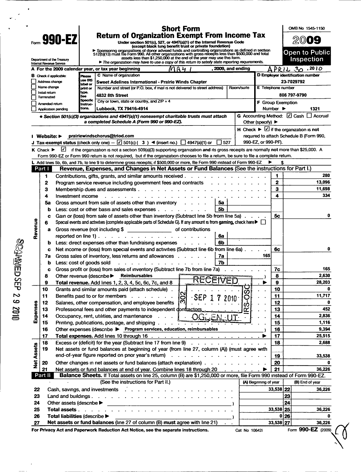 Image of first page of 2009 Form 990EZ for Sweet Adelines International - Pride of West Texas Show Chapter