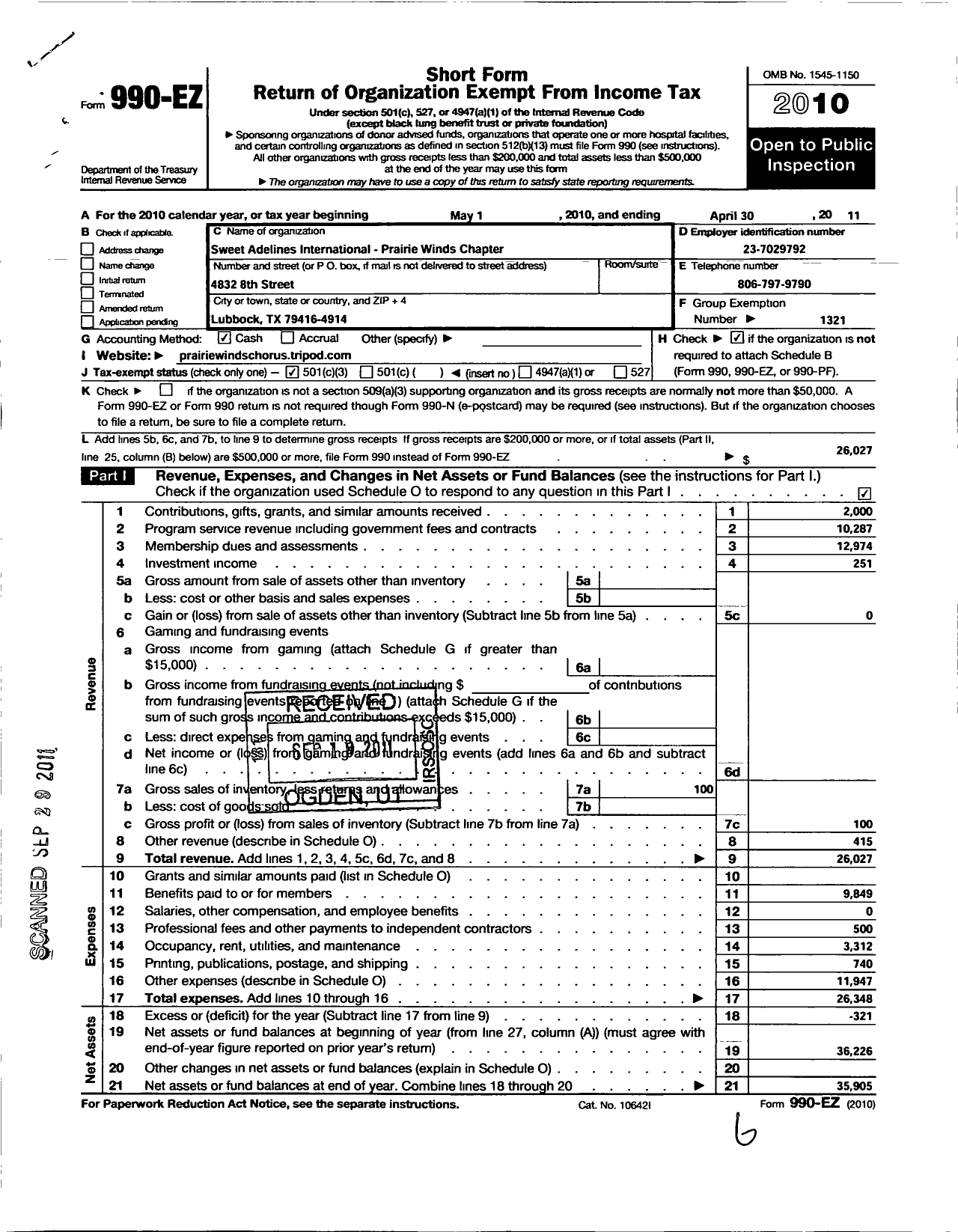 Image of first page of 2010 Form 990EZ for Sweet Adelines International - Pride of West Texas Show Chapter