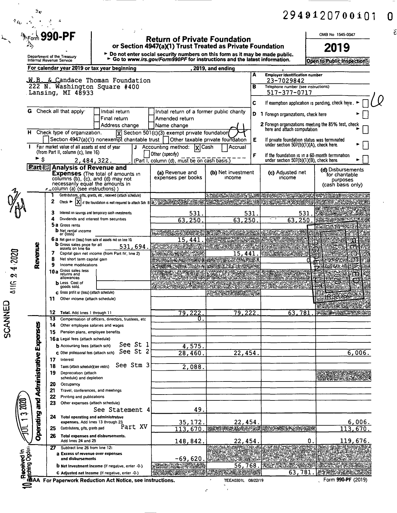 Image of first page of 2019 Form 990PR for WB & Candace Thoman Foundation