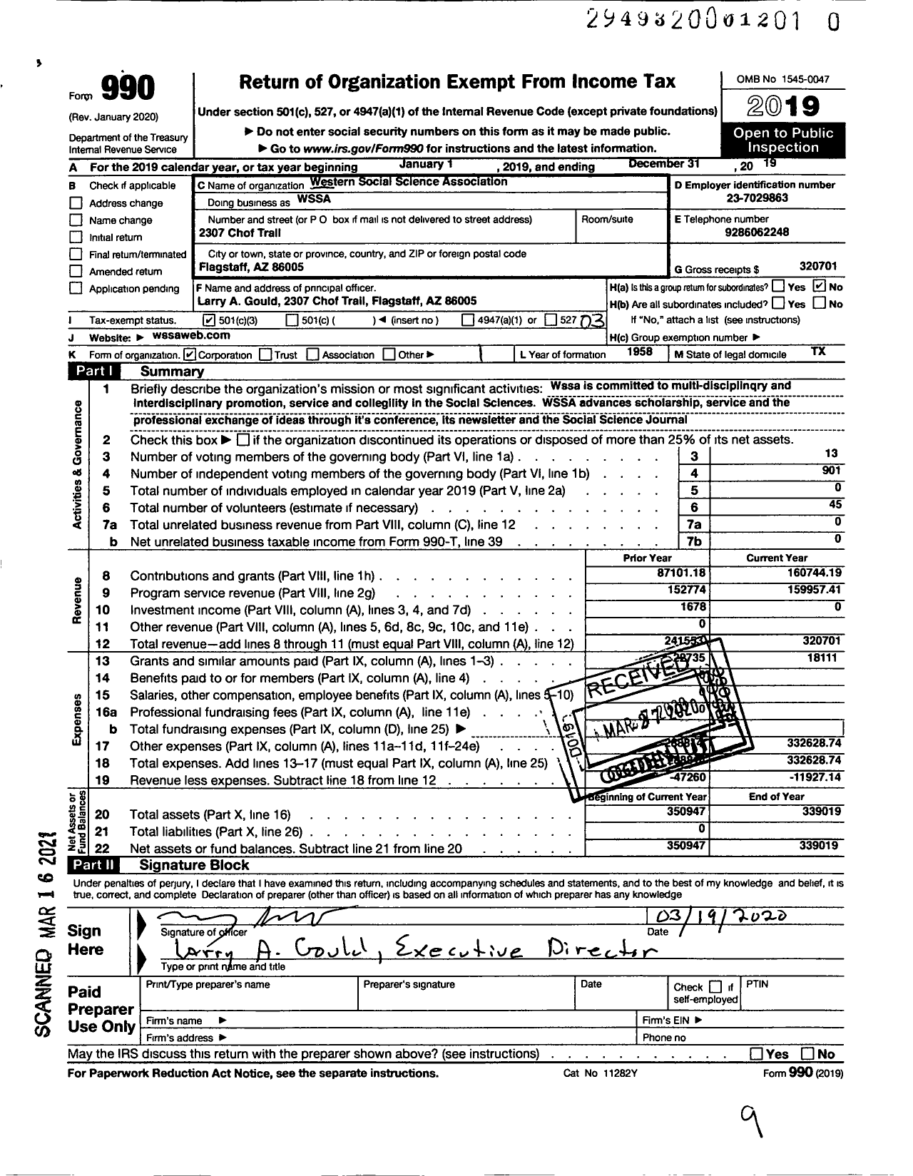 Image of first page of 2019 Form 990 for Western Social Science Association (WSSA)