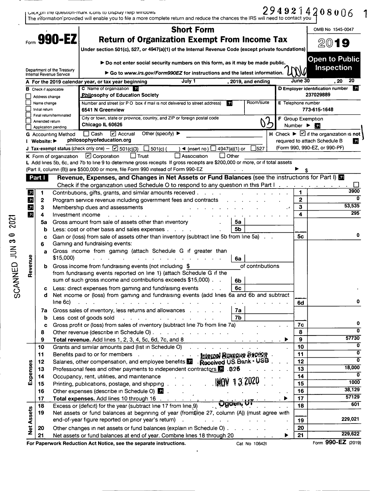 Image of first page of 2019 Form 990EZ for Philosophy of Education Society