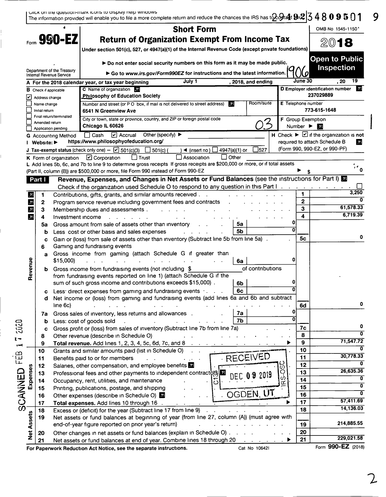 Image of first page of 2018 Form 990EZ for Philosophy of Education Society