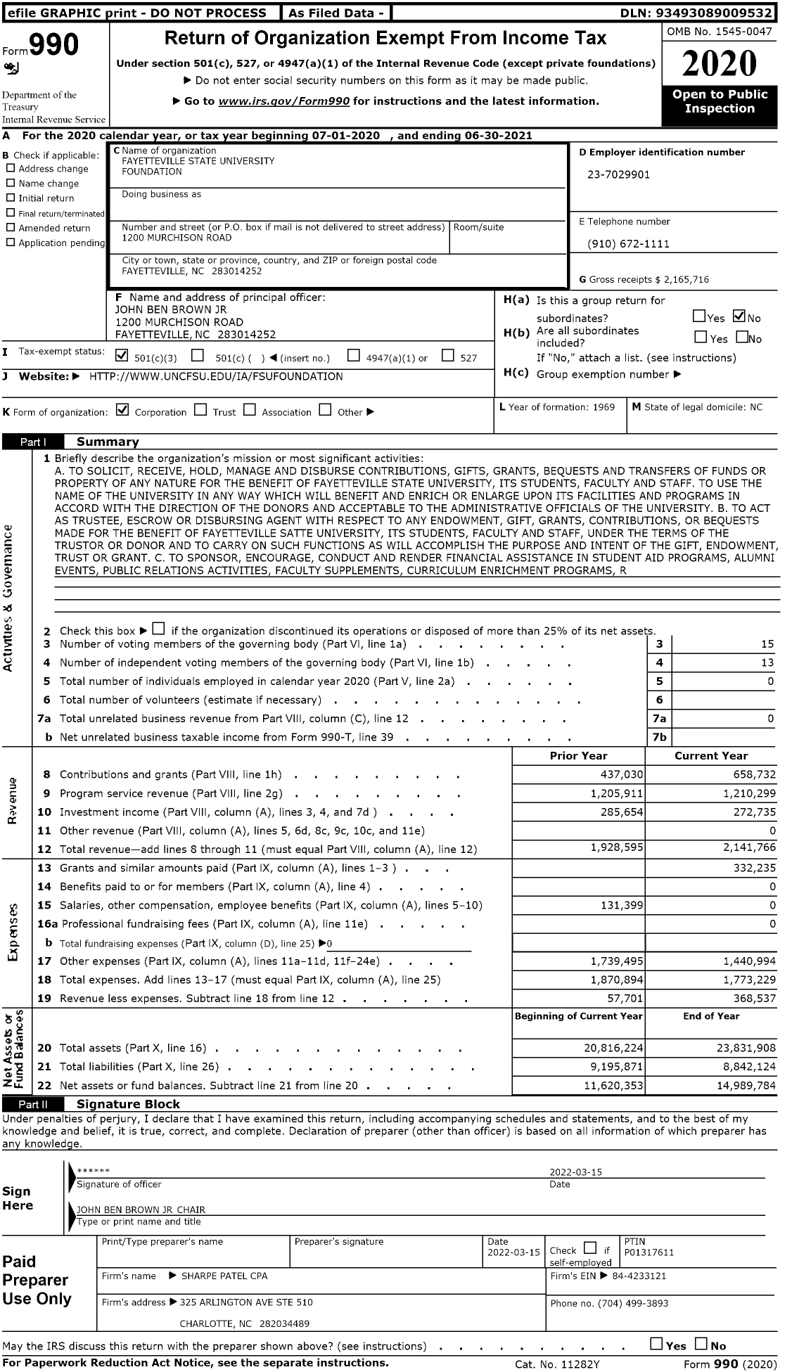 Image of first page of 2020 Form 990 for Fayetteville State University Foundation