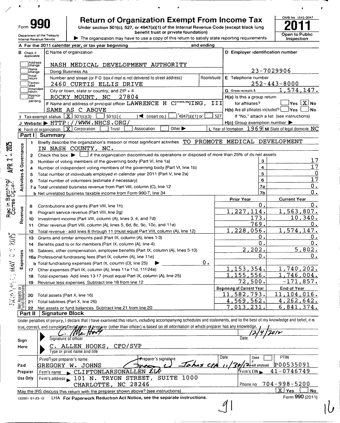 Image of first page of 2011 Form 990 for Nash Medical Development Authority