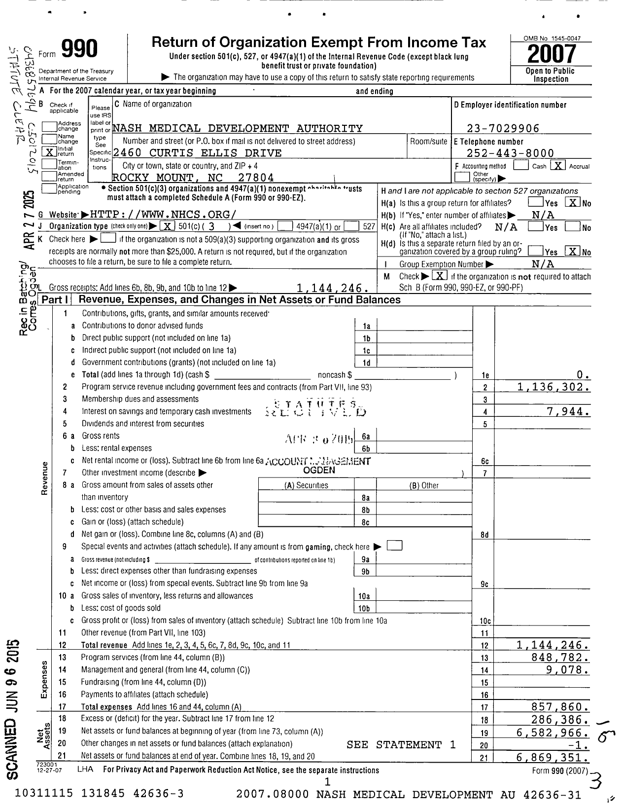Image of first page of 2007 Form 990 for Nash Medical Development Authority