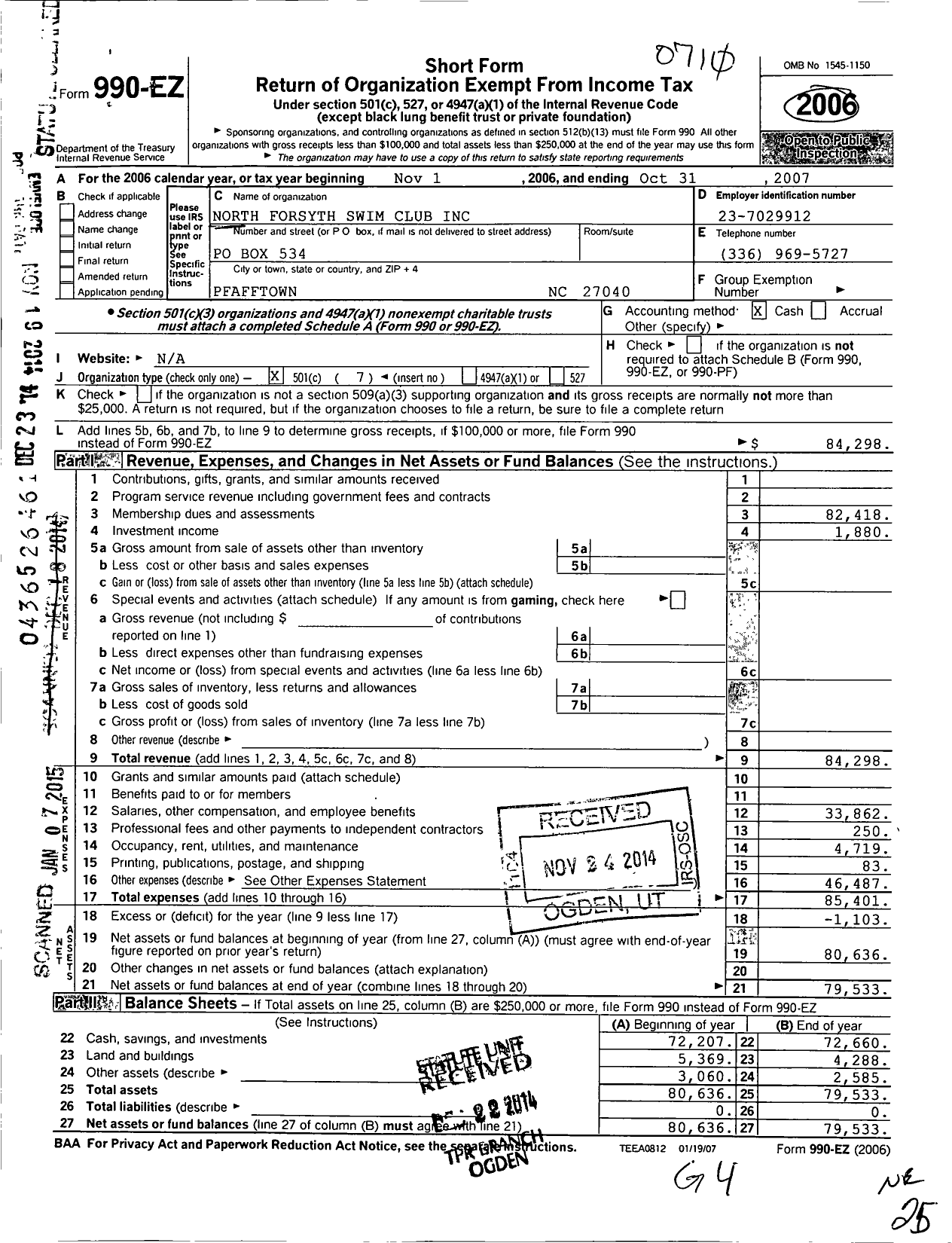 Image of first page of 2006 Form 990EO for North Forsyth Swim Club