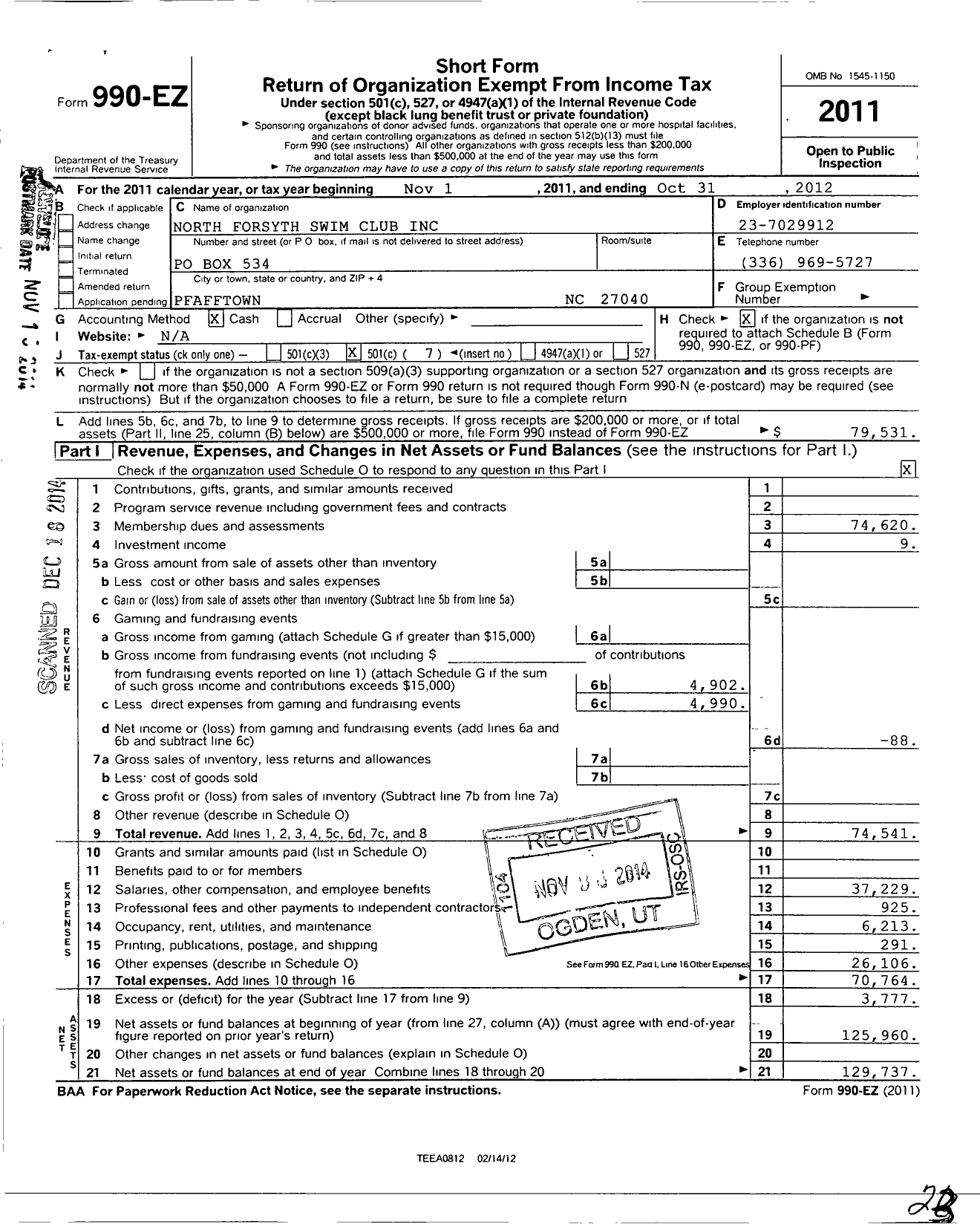 Image of first page of 2011 Form 990EO for North Forsyth Swim Club