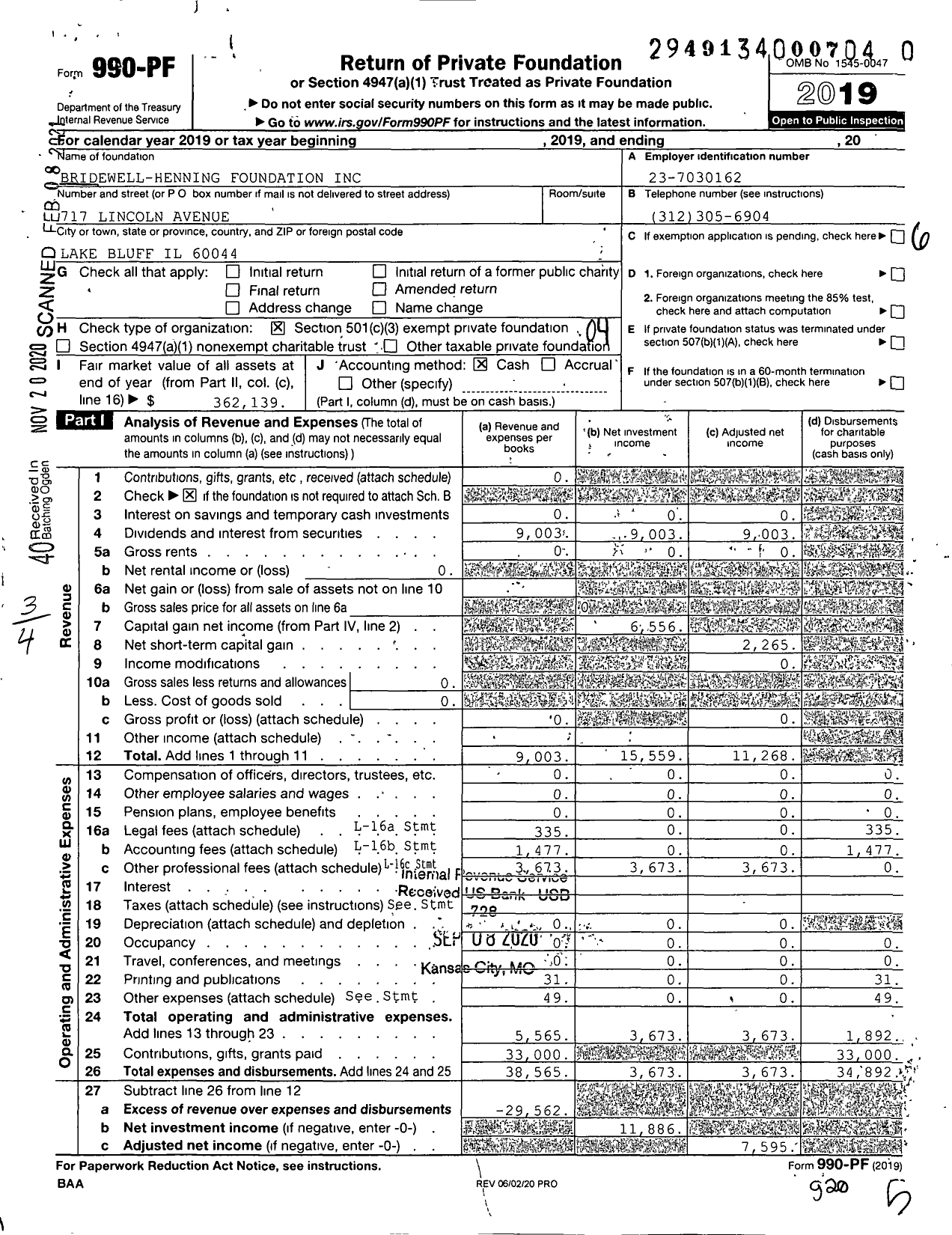 Image of first page of 2019 Form 990PF for Bridewell-Henning Foundation