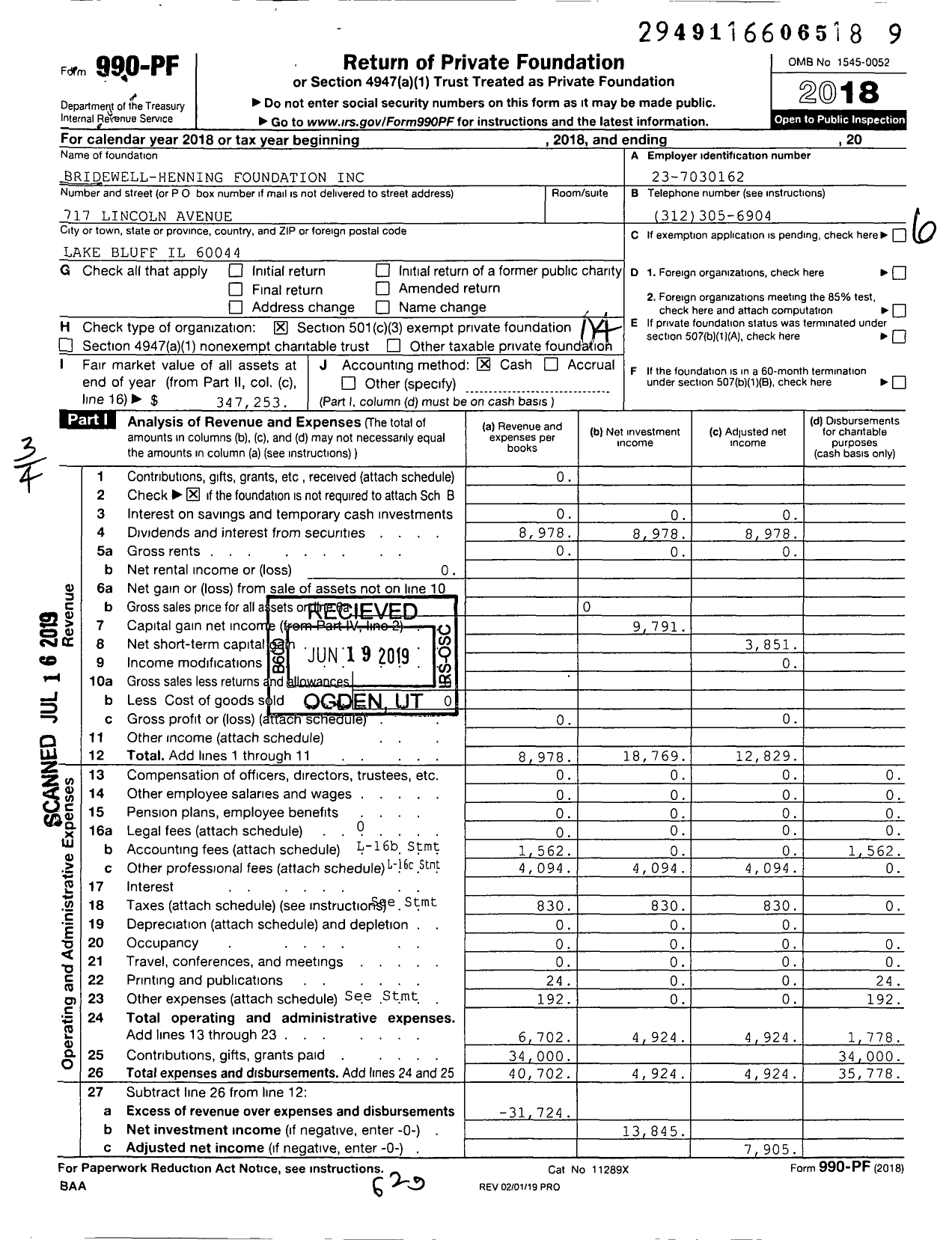 Image of first page of 2018 Form 990PF for Bridewell-Henning Foundation