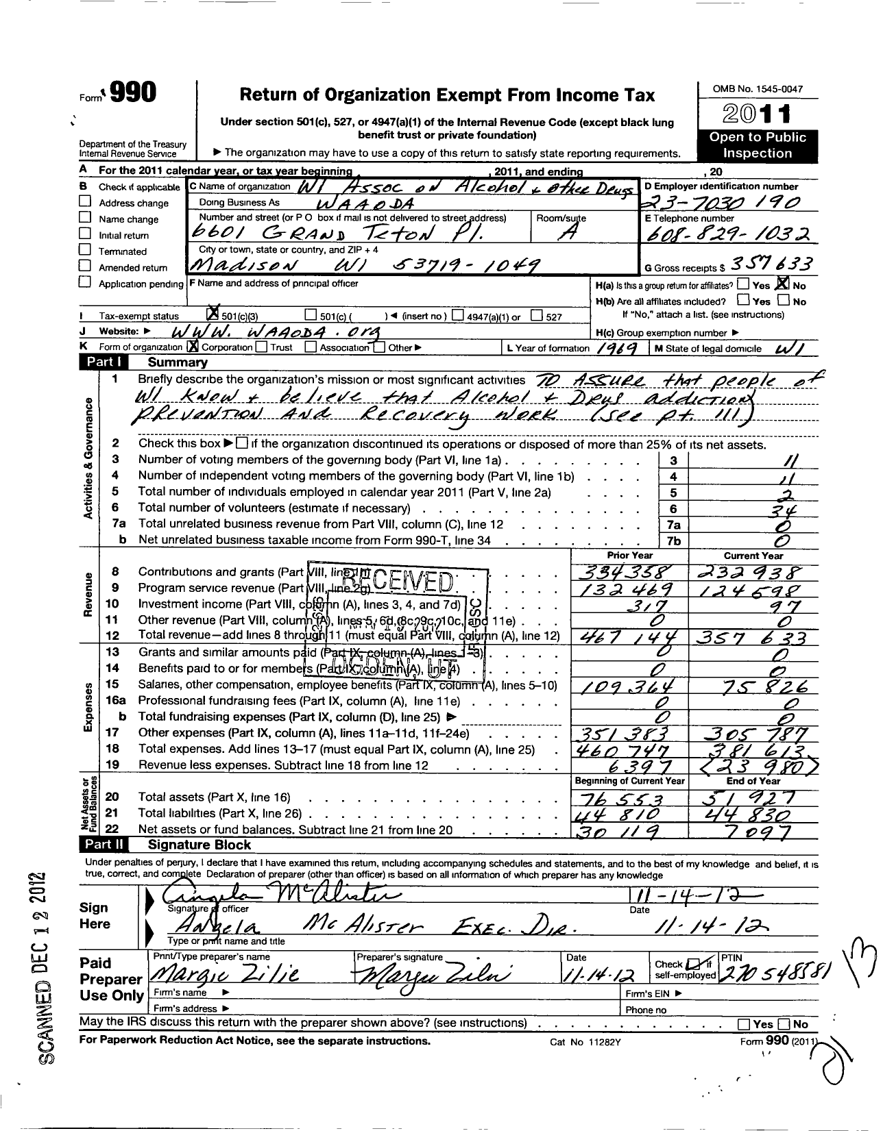 Image of first page of 2011 Form 990 for Wisconsin Association on Alcohol and Other Drug Abuse