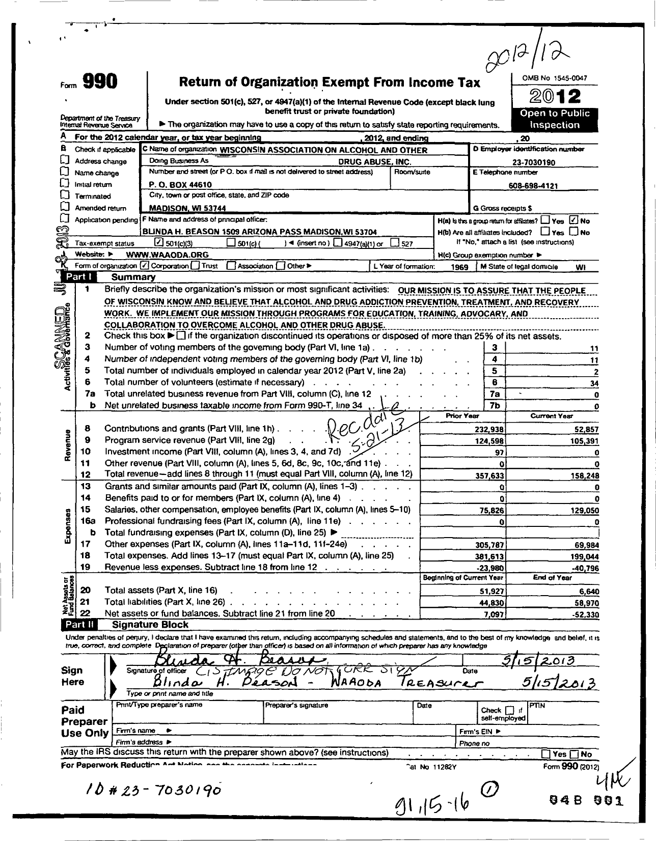 Image of first page of 2012 Form 990 for Wisconsin Association on Alcohol and Other Drug Abuse