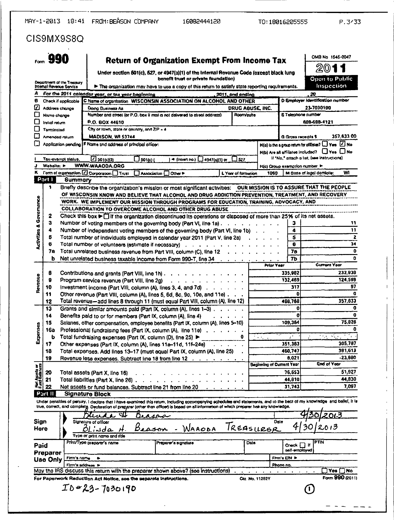 Image of first page of 2011 Form 990R for Wisconsin Association on Alcohol and Other Drug Abuse