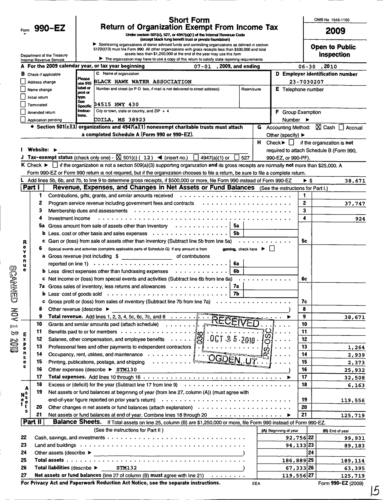 Image of first page of 2009 Form 990EO for Black Hawk Water Association