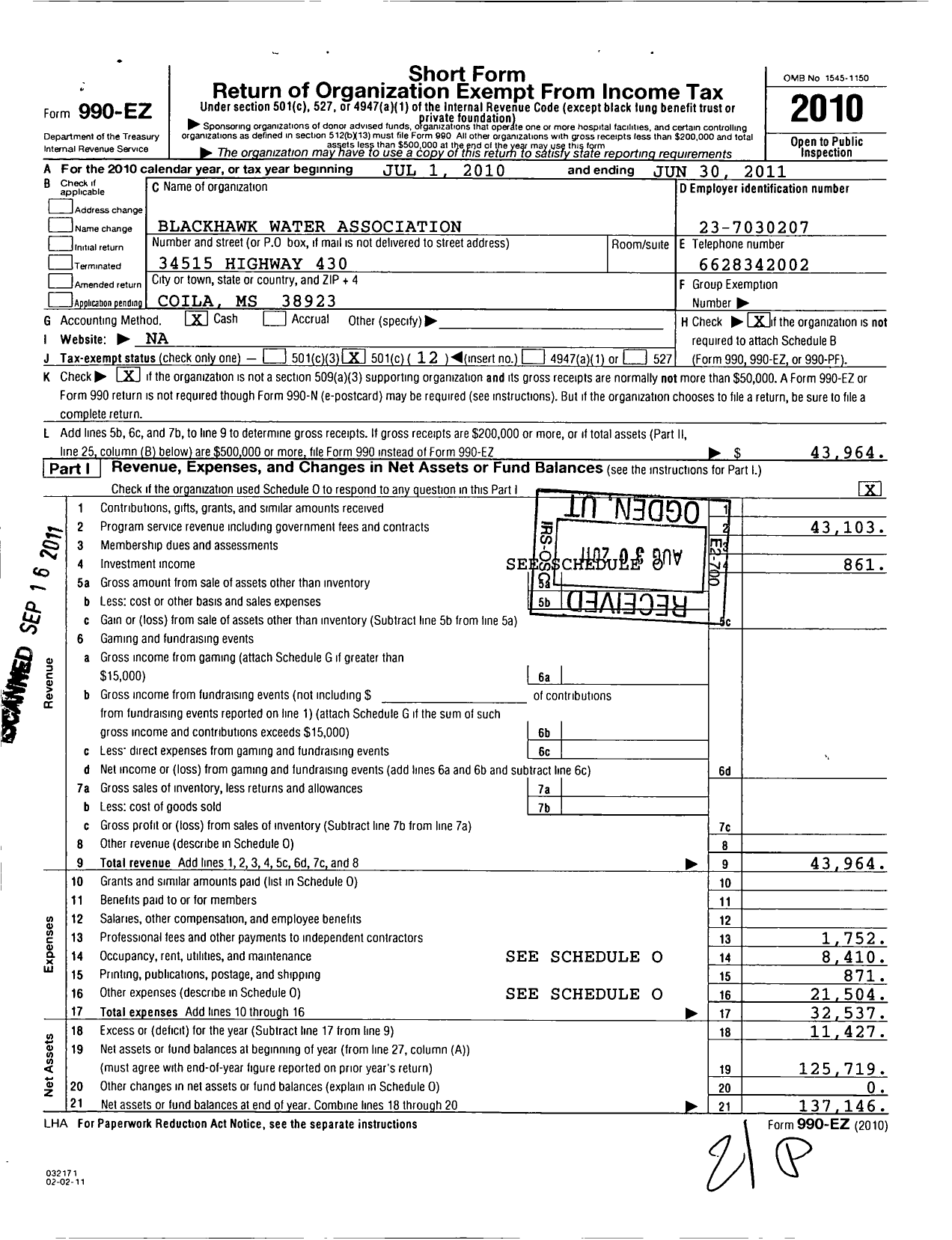 Image of first page of 2010 Form 990EO for Black Hawk Water Association