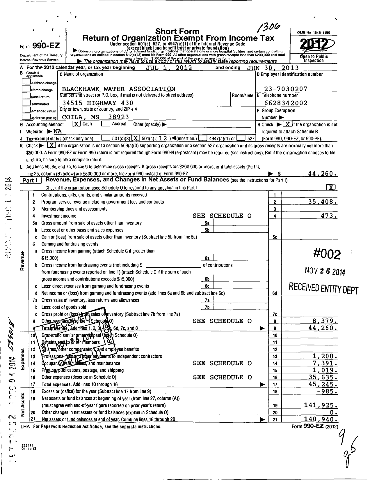 Image of first page of 2012 Form 990EO for Black Hawk Water Association