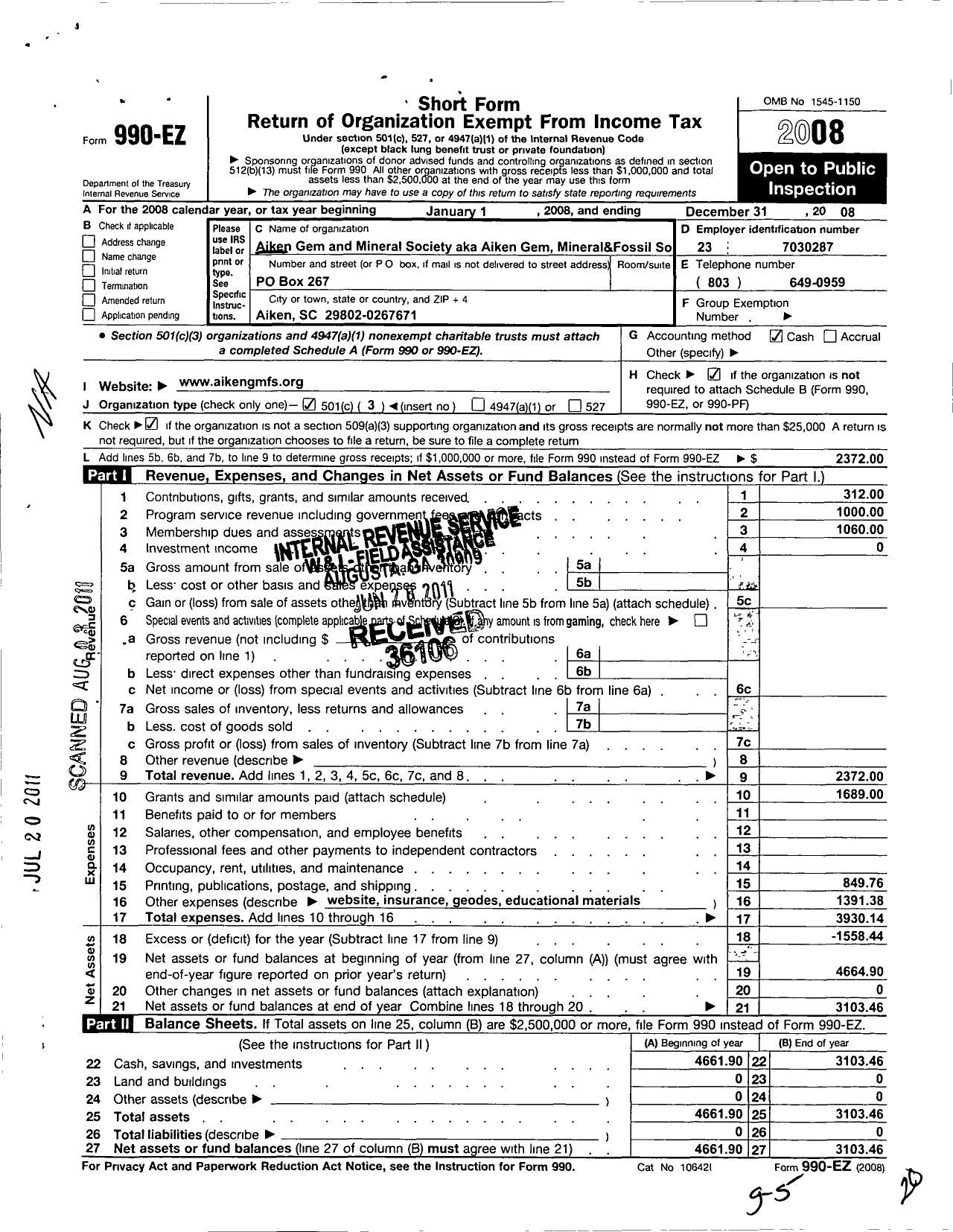 Image of first page of 2008 Form 990EZ for Aiken Gem and Mineral Society