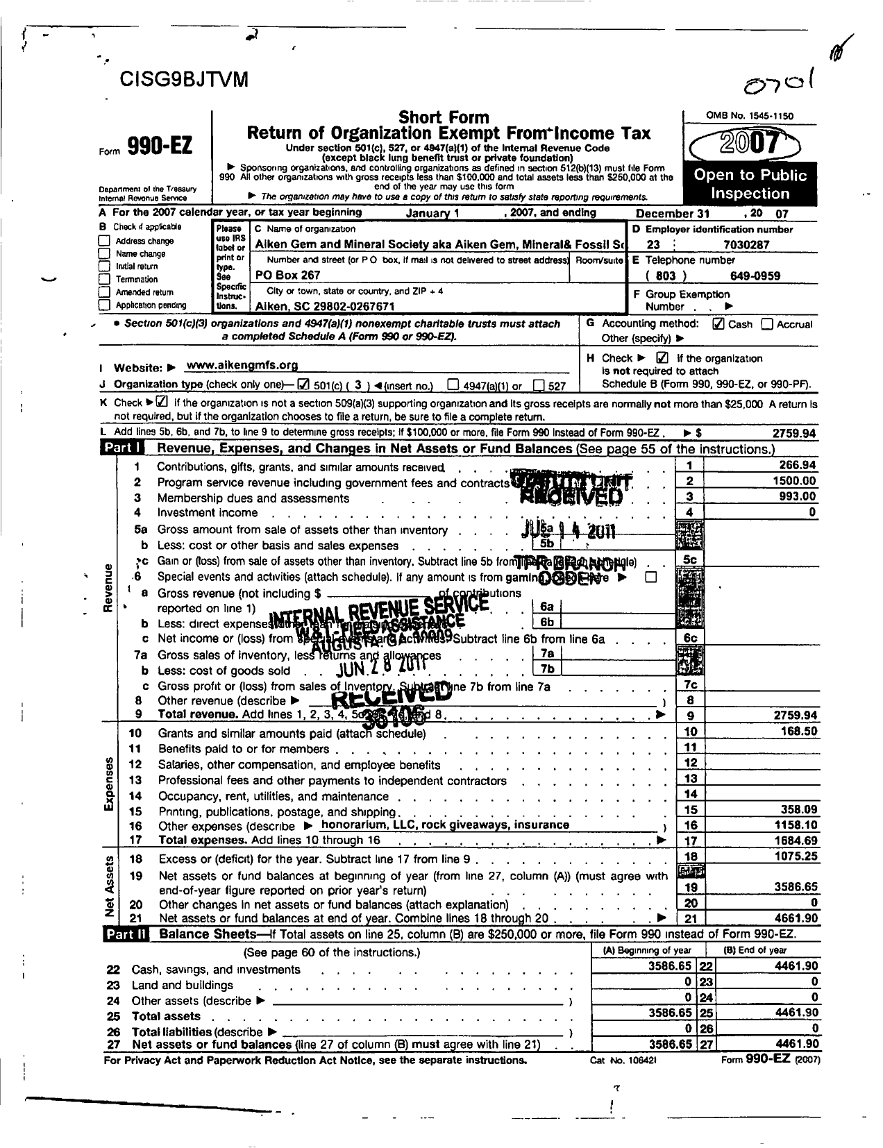 Image of first page of 2007 Form 990ER for Aiken Gem and Mineral Society