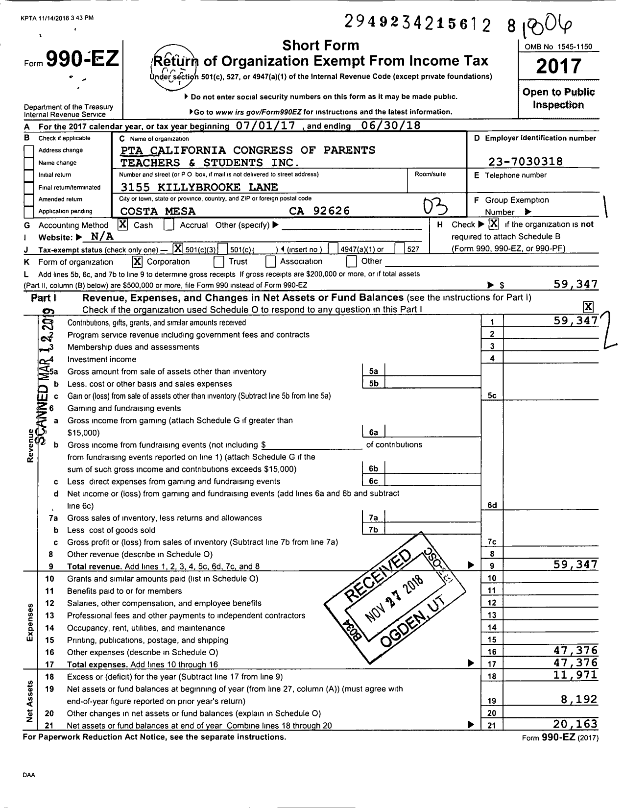 Image of first page of 2017 Form 990EZ for California State PTA - Killybrooke Elementary PTA