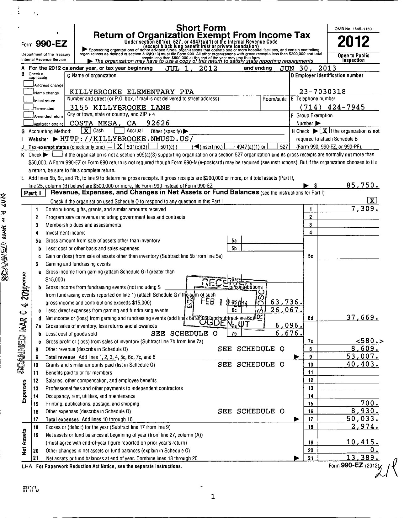 Image of first page of 2012 Form 990EZ for California State PTA - Killybrooke Elementary PTA