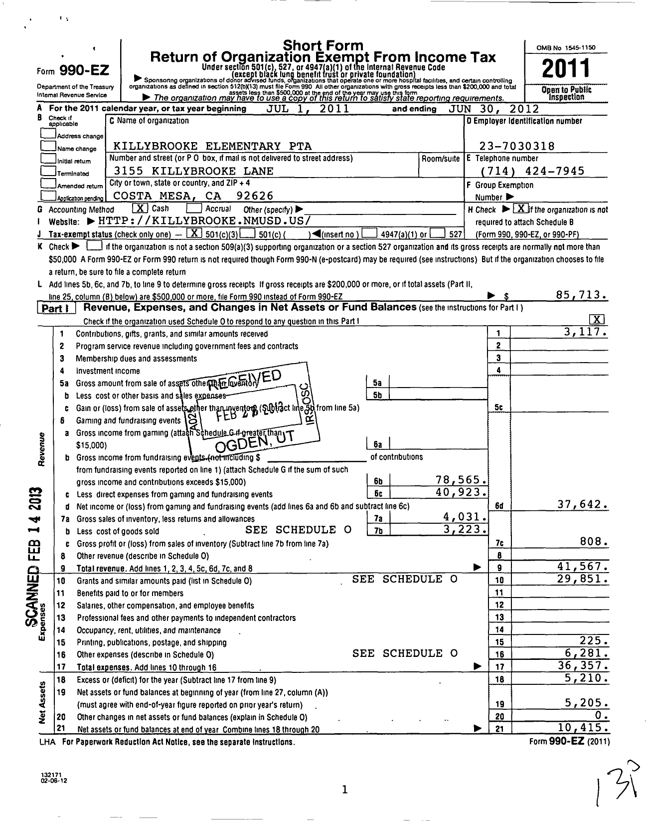 Image of first page of 2011 Form 990EZ for California State PTA - Killybrooke Elementary PTA