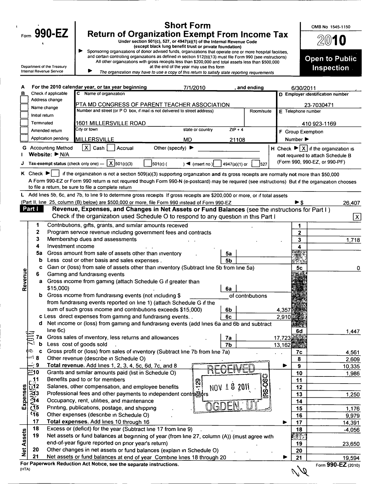 Image of first page of 2010 Form 990EZ for PTA Delaware Congress / Millersville Elementary School PTA