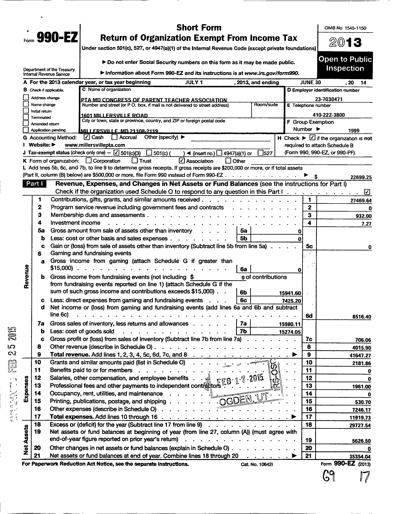 Image of first page of 2013 Form 990EZ for PTA Delaware Congress / Millersville Elementary School PTA