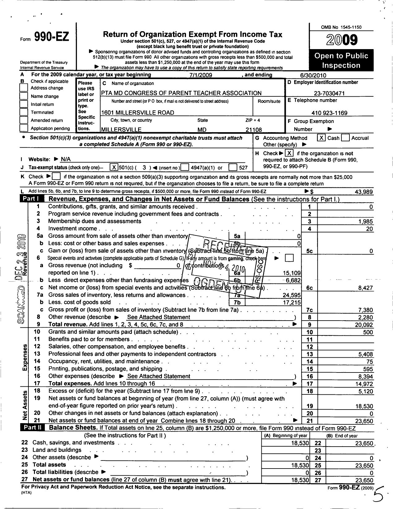 Image of first page of 2009 Form 990EZ for PTA Delaware Congress / Millersville Elementary School PTA