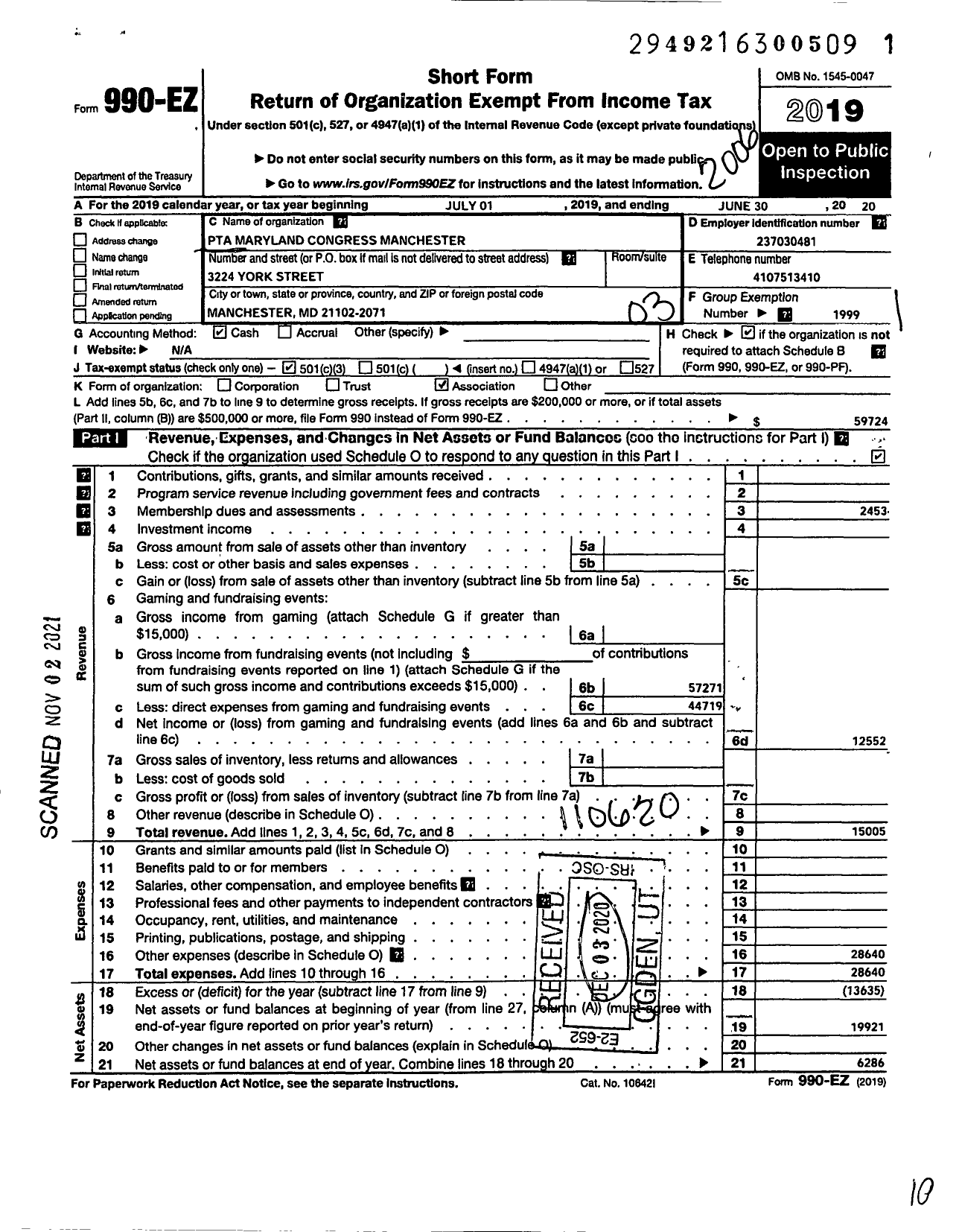 Image of first page of 2019 Form 990EZ for PTA Maryland Congress of Parent and Teachers / Manchester Elementary School PTA