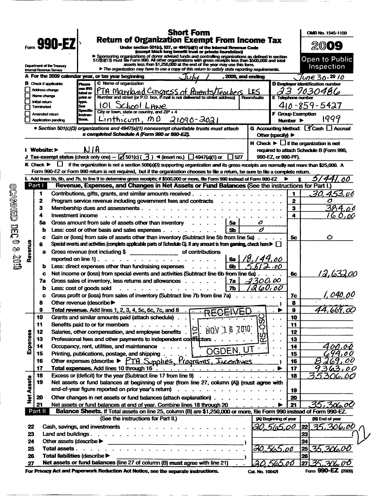 Image of first page of 2009 Form 990EZ for PTA Delaware Congress / Linthicum Elementary PTA