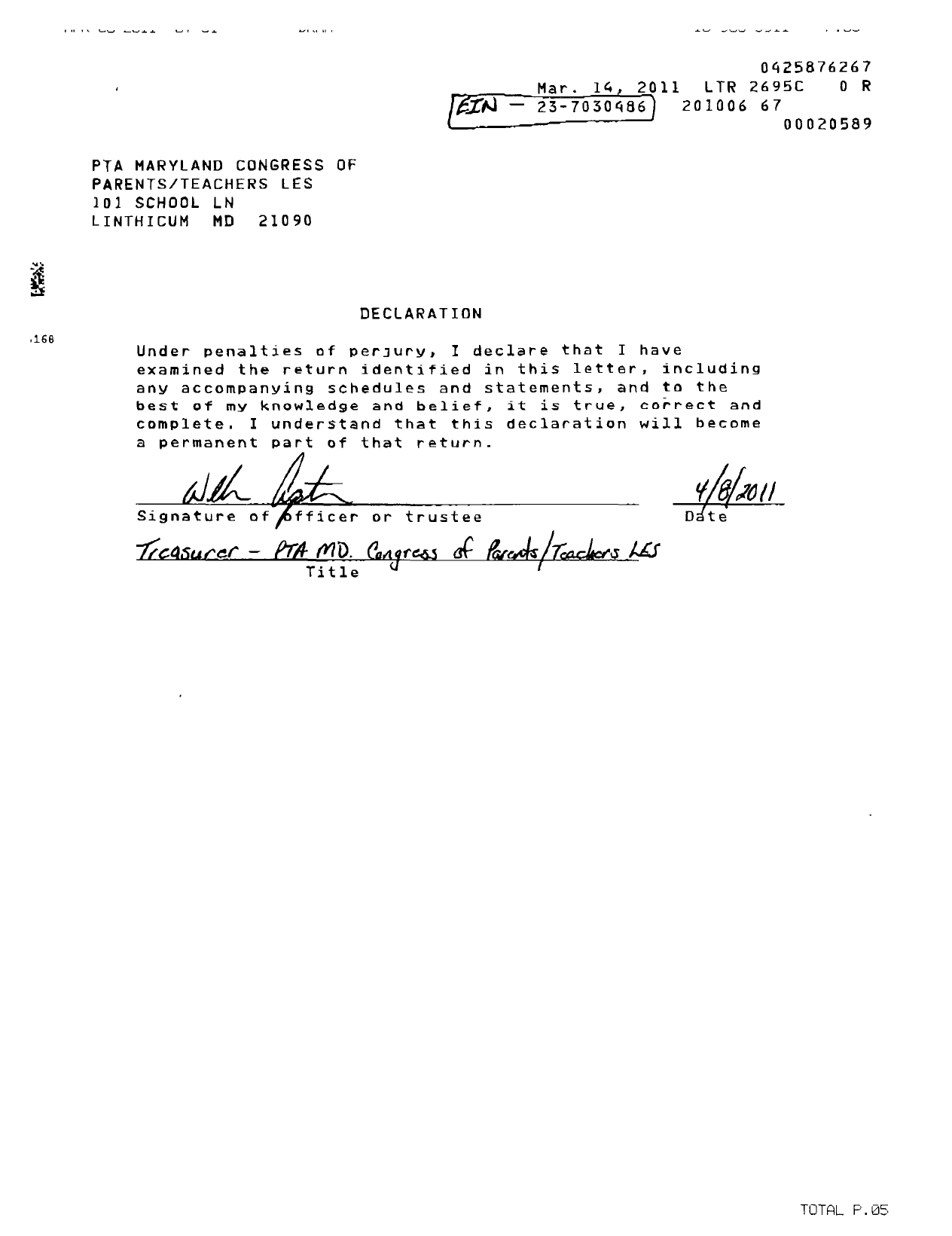 Image of first page of 2009 Form 990ER for PTA Delaware Congress / Linthicum Elementary PTA