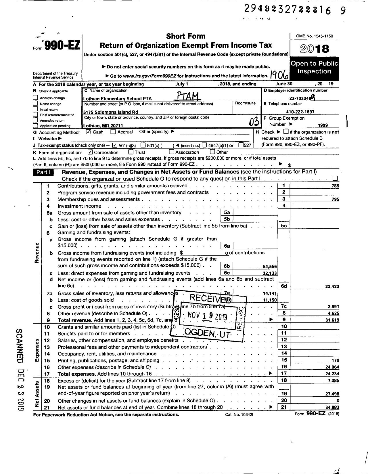 Image of first page of 2018 Form 990EZ for PTA Delaware Congress / Lothian PTA