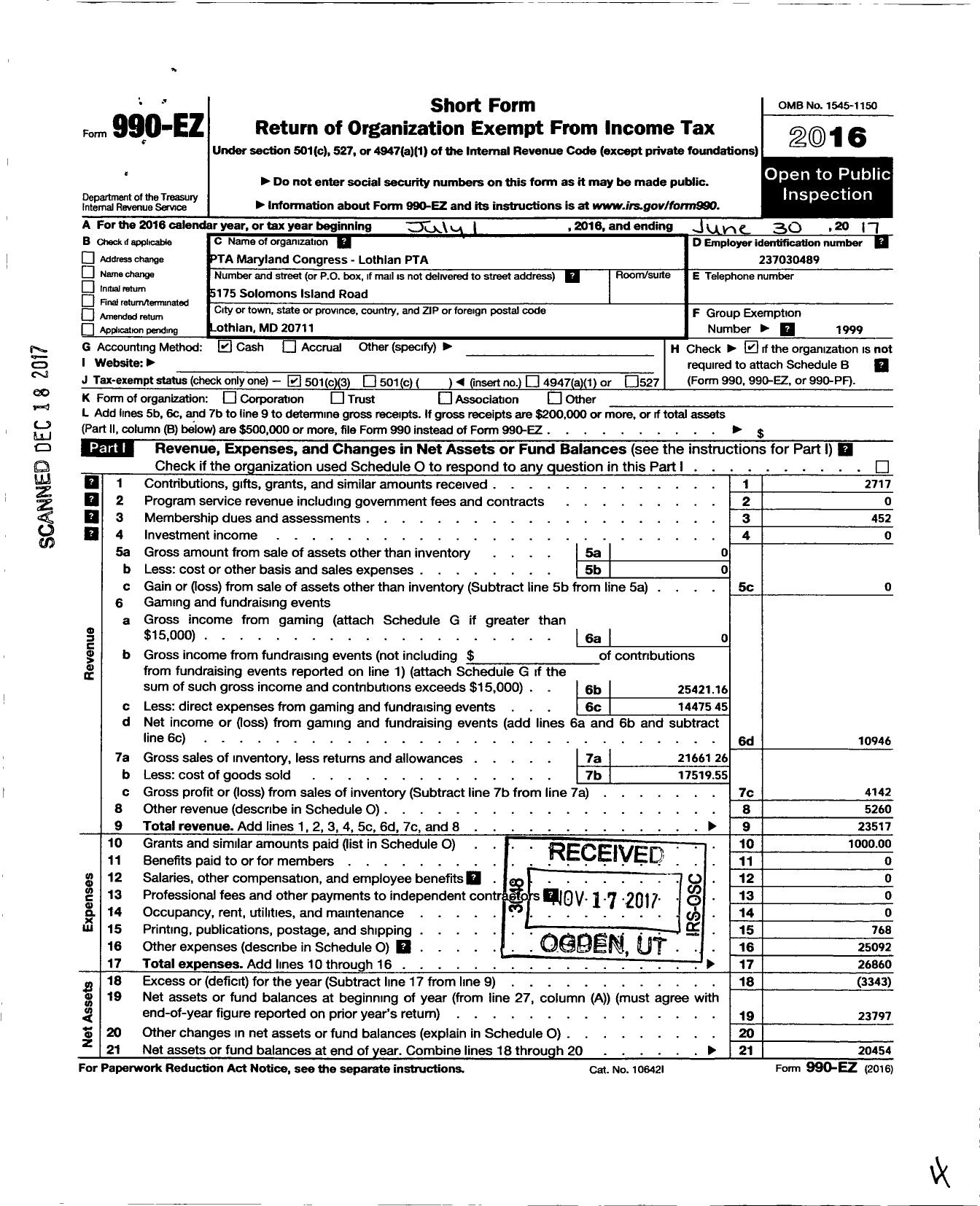 Image of first page of 2016 Form 990EZ for PTA Delaware Congress / Lothian PTA