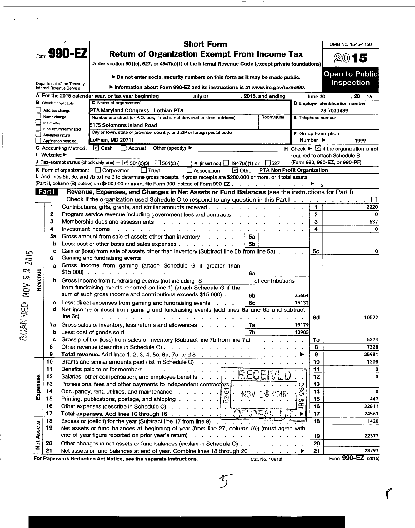 Image of first page of 2015 Form 990EZ for PTA Delaware Congress / Lothian PTA