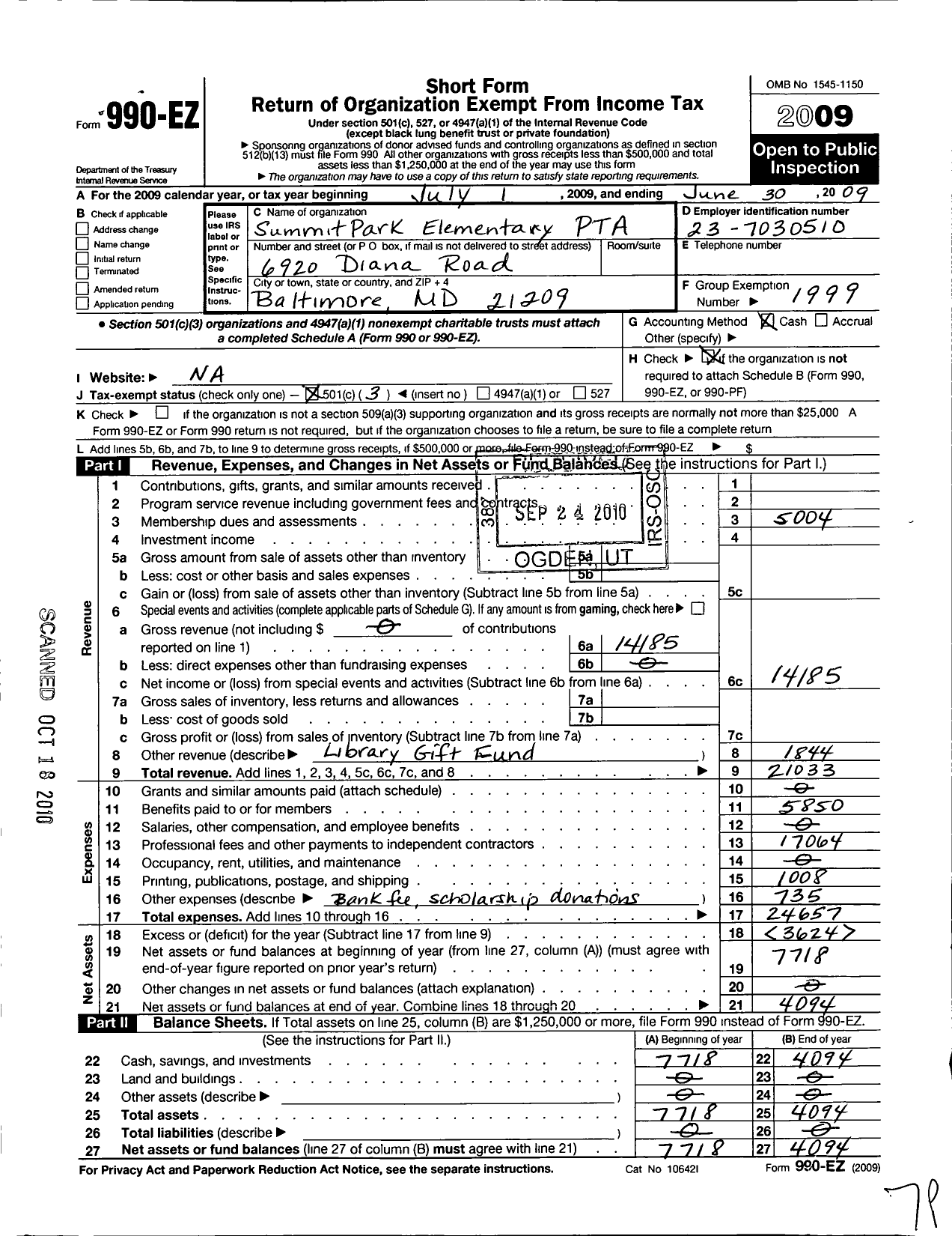 Image of first page of 2008 Form 990EZ for PTA Delaware Congress / Summit Park Elementary School PTA