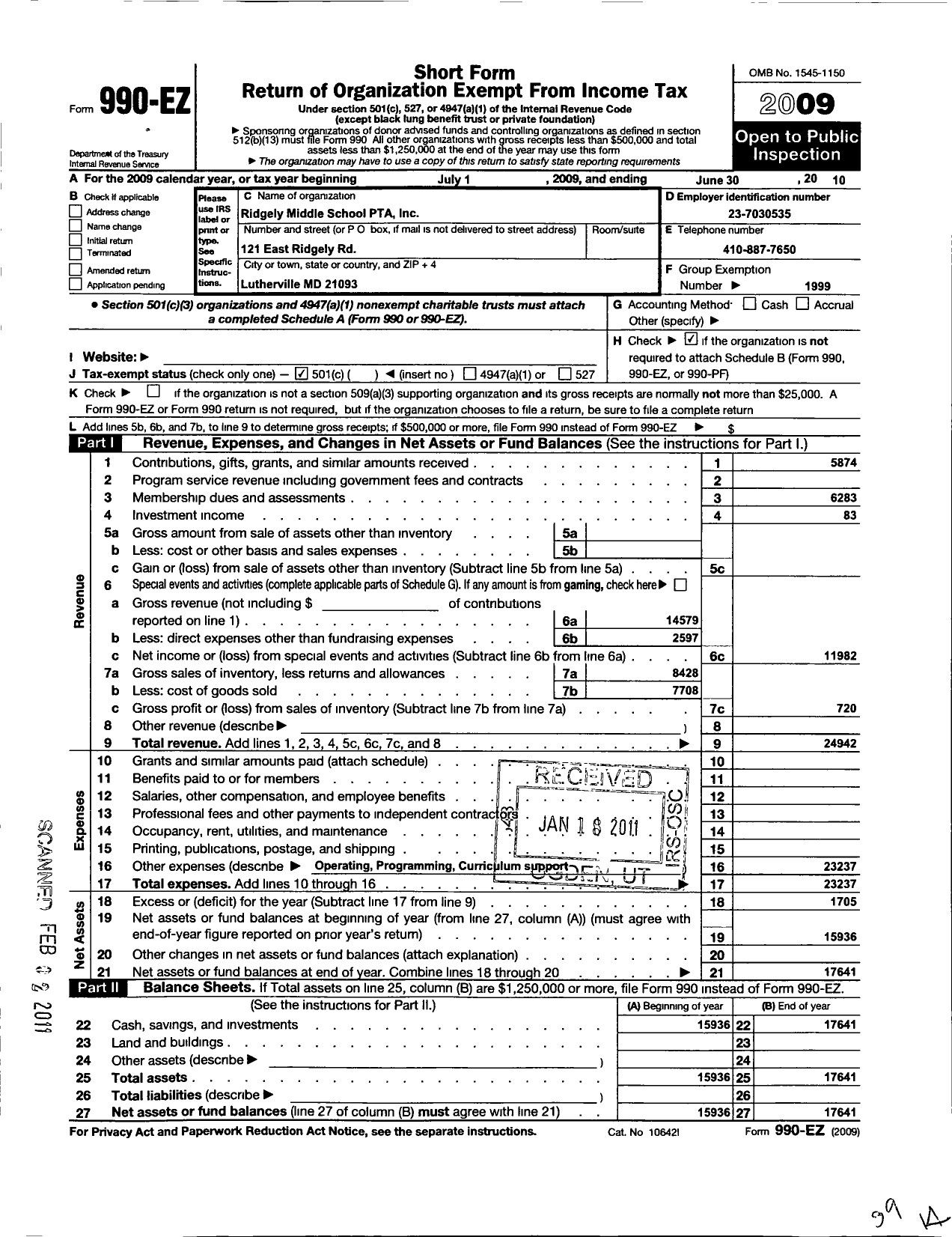 Image of first page of 2009 Form 990EO for PTA Delaware Congress / Ridgely Middle School PTA