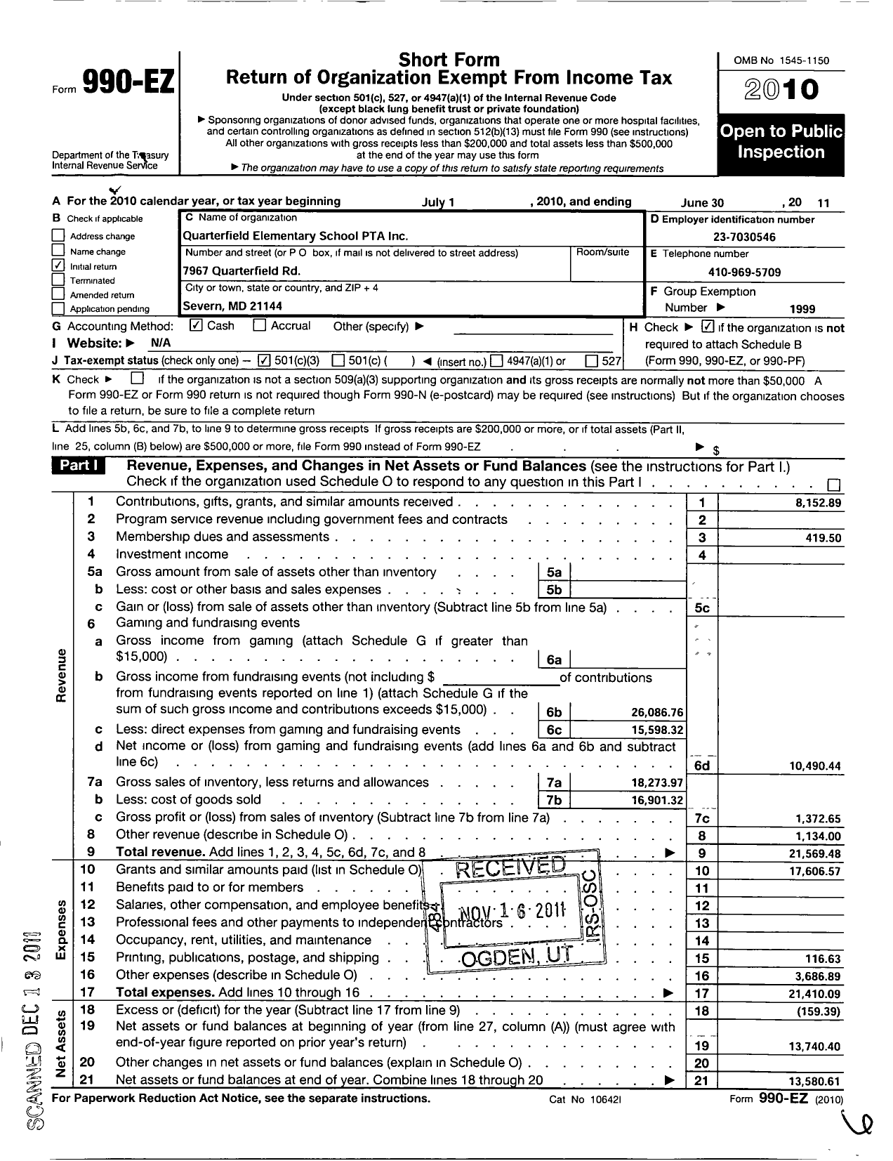 Image of first page of 2010 Form 990EZ for PTA Maryland Congress of Parent and Teachers / Quarterfield Elementary School PTA