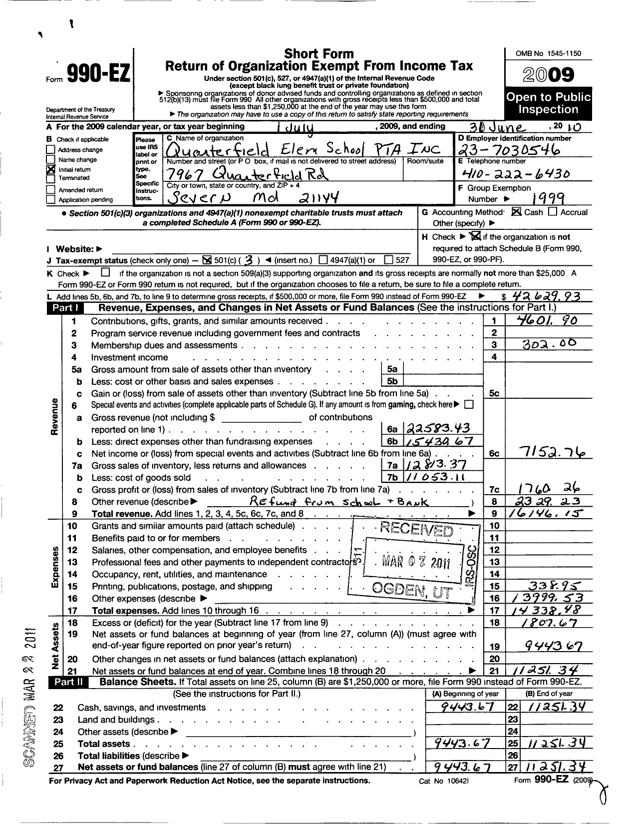 Image of first page of 2009 Form 990EZ for PTA Maryland Congress of Parent and Teachers / Quarterfield Elementary School PTA