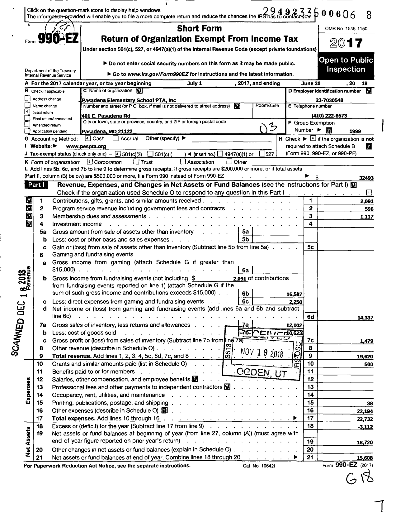 Image of first page of 2017 Form 990EZ for PTA Delaware Congress / Pasadena Elementary School PTA