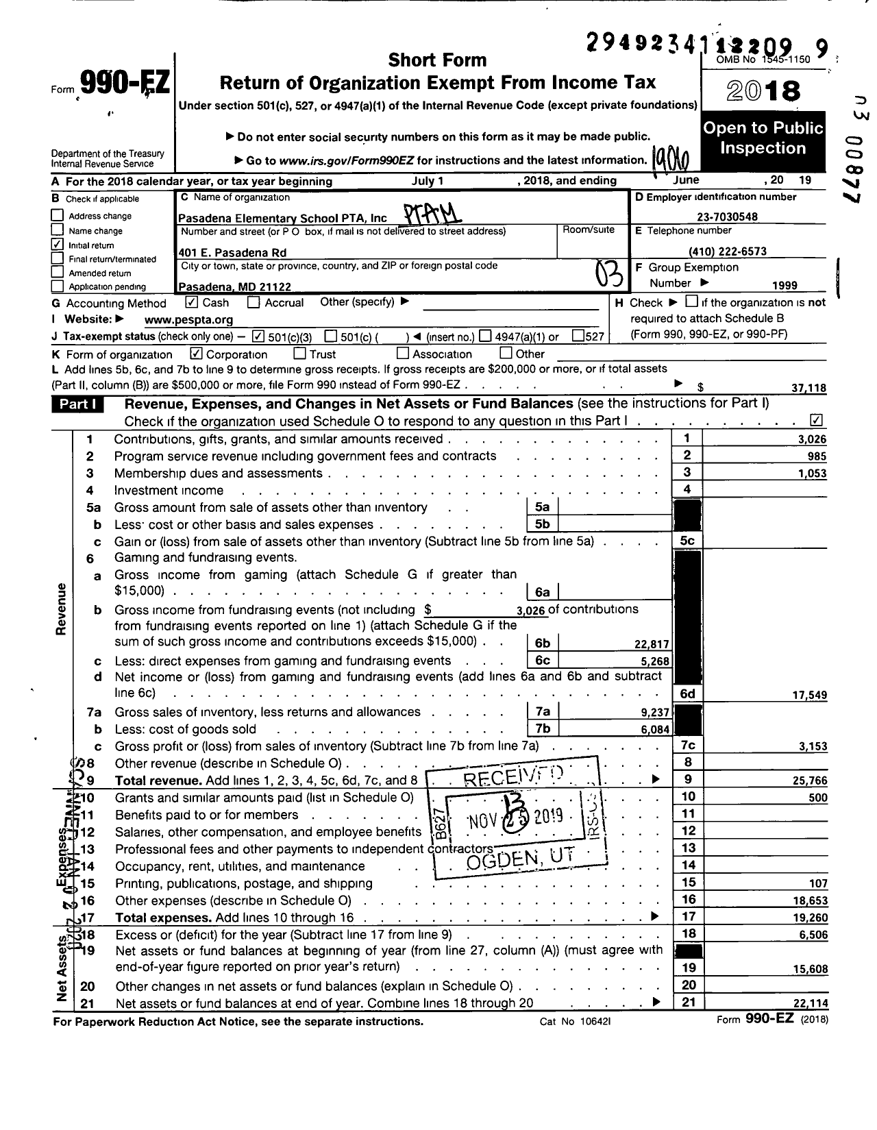 Image of first page of 2018 Form 990EZ for PTA Delaware Congress / Pasadena Elementary School PTA