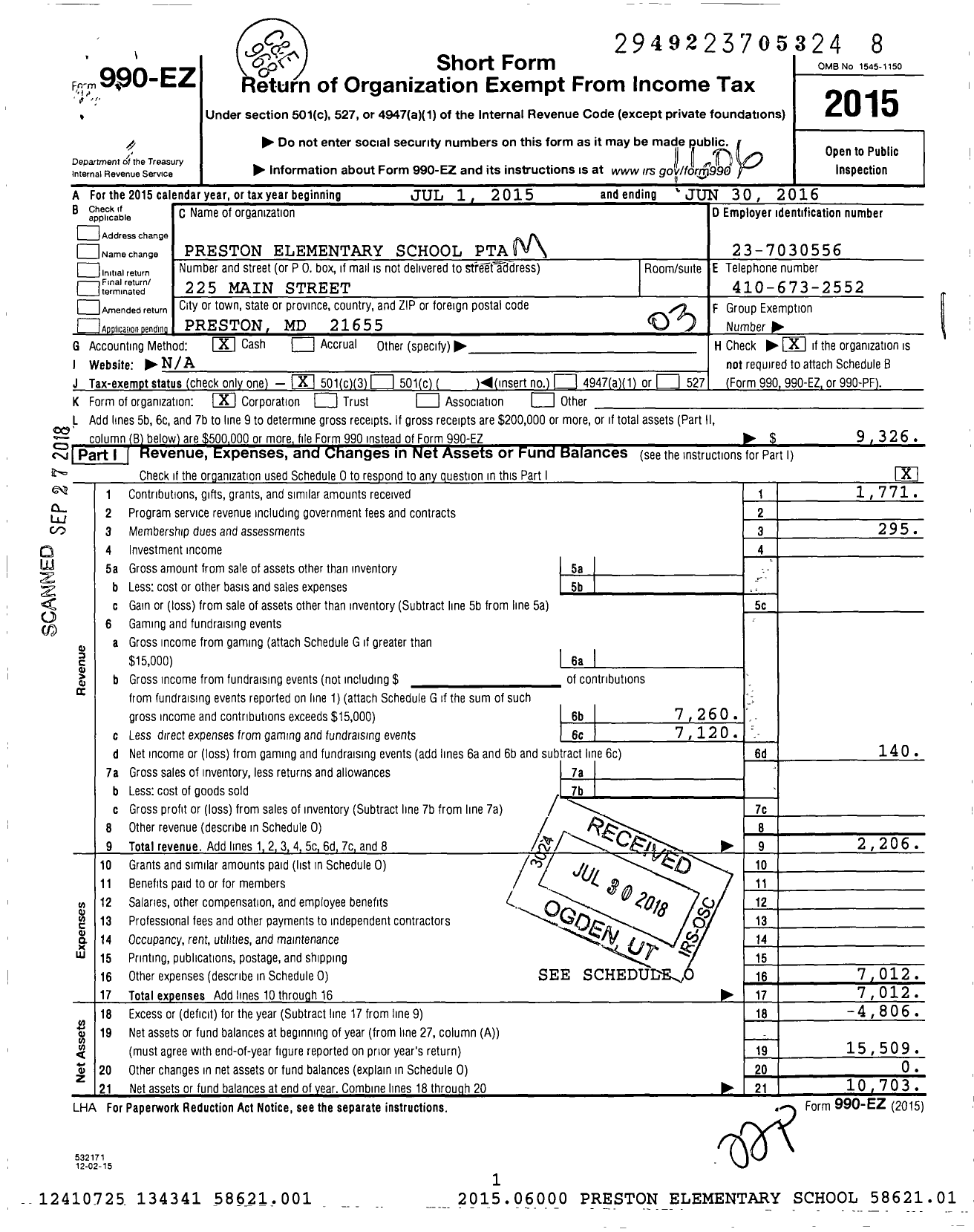 Image of first page of 2015 Form 990EZ for PTA Maryland Congress of Parents and Teachers / Preston School PTA