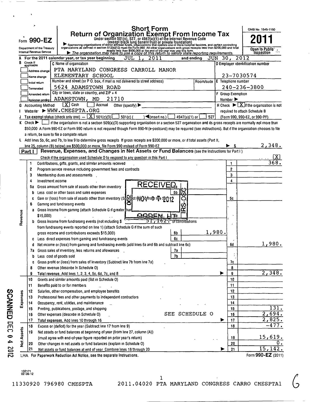 Image of first page of 2011 Form 990EZ for PTA Maryland Congress of Parents and Teachers / Carroll Manor Elementary School