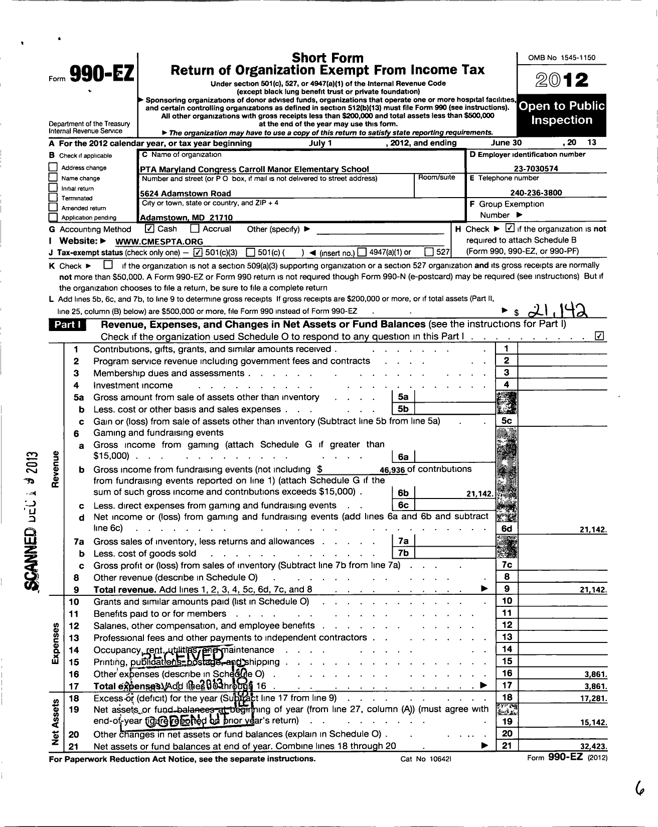 Image of first page of 2012 Form 990EZ for PTA Maryland Congress of Parents and Teachers / Carroll Manor Elementary School