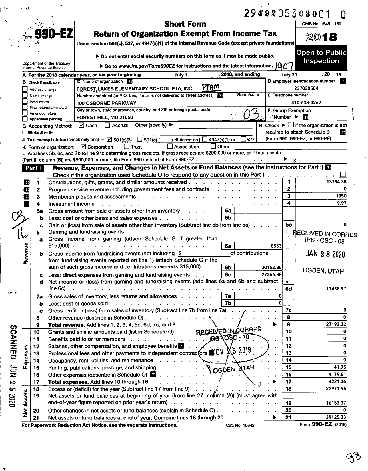 Image of first page of 2018 Form 990EZ for PTA Delaware Congress / Forest Lake Elementary School PTA