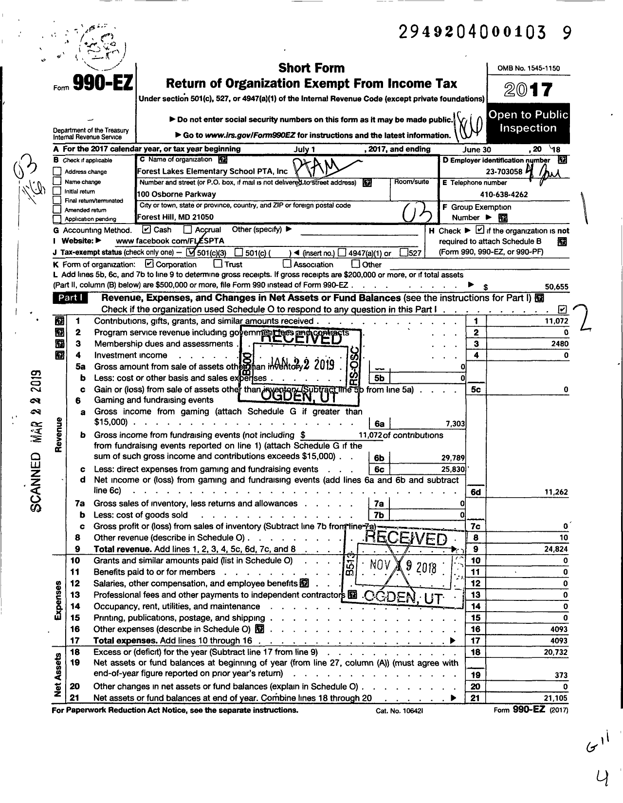 Image of first page of 2017 Form 990EZ for PTA Delaware Congress / Forest Lake Elementary School PTA