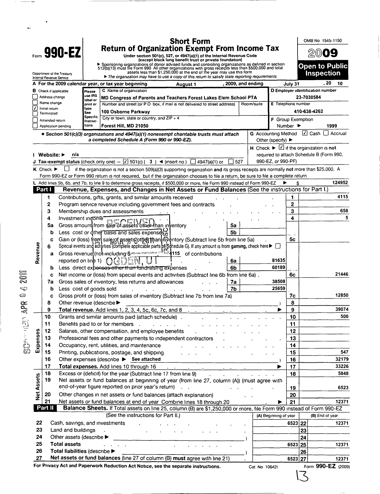 Image of first page of 2009 Form 990EZ for PTA Delaware Congress / Forest Lake Elementary School PTA