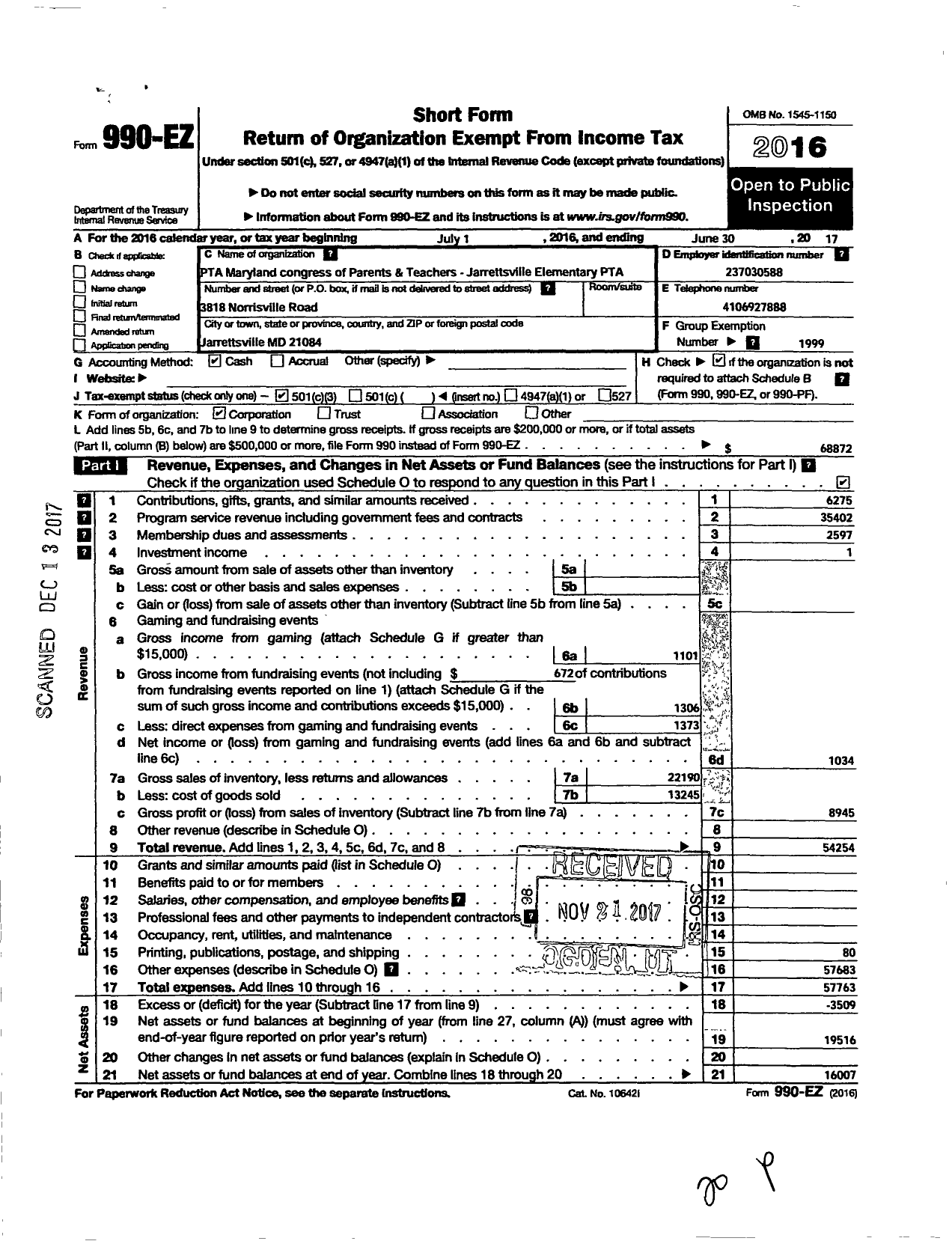 Image of first page of 2016 Form 990EZ for Jarrettsville Elementary School PTA