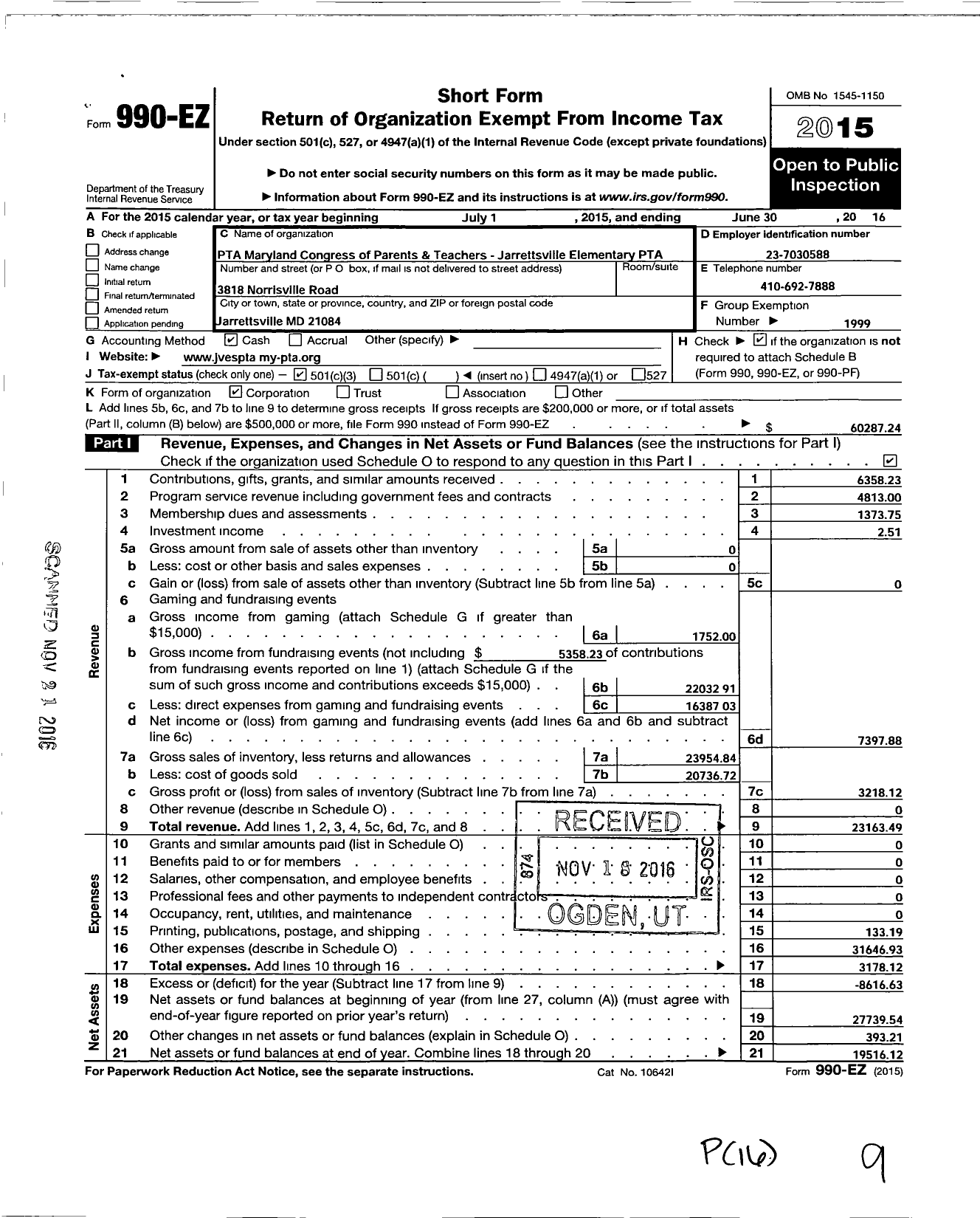 Image of first page of 2015 Form 990EZ for Jarrettsville Elementary School PTA