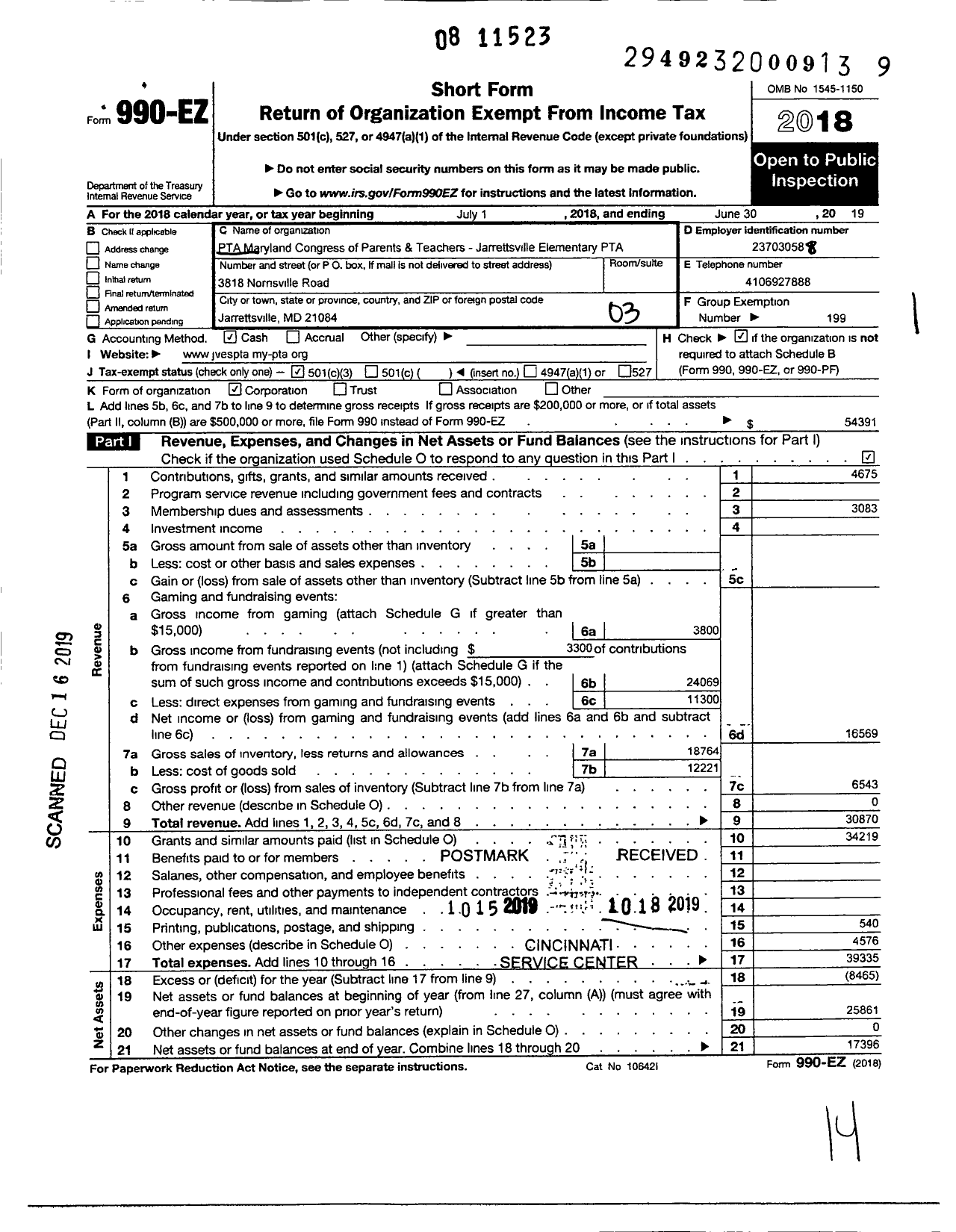 Image of first page of 2018 Form 990EZ for Jarrettsville Elementary School PTA