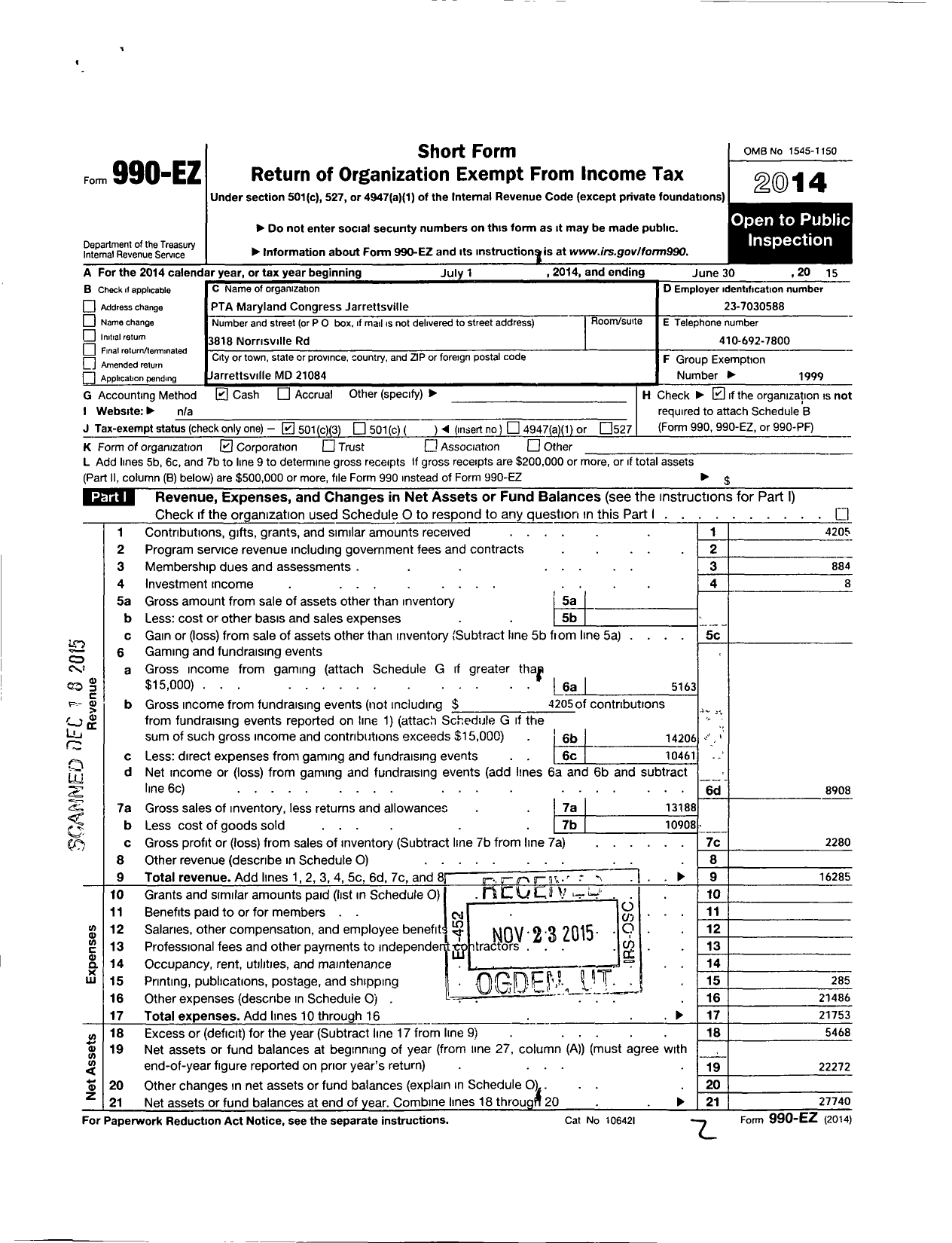 Image of first page of 2014 Form 990EZ for Jarrettsville Elementary School PTA