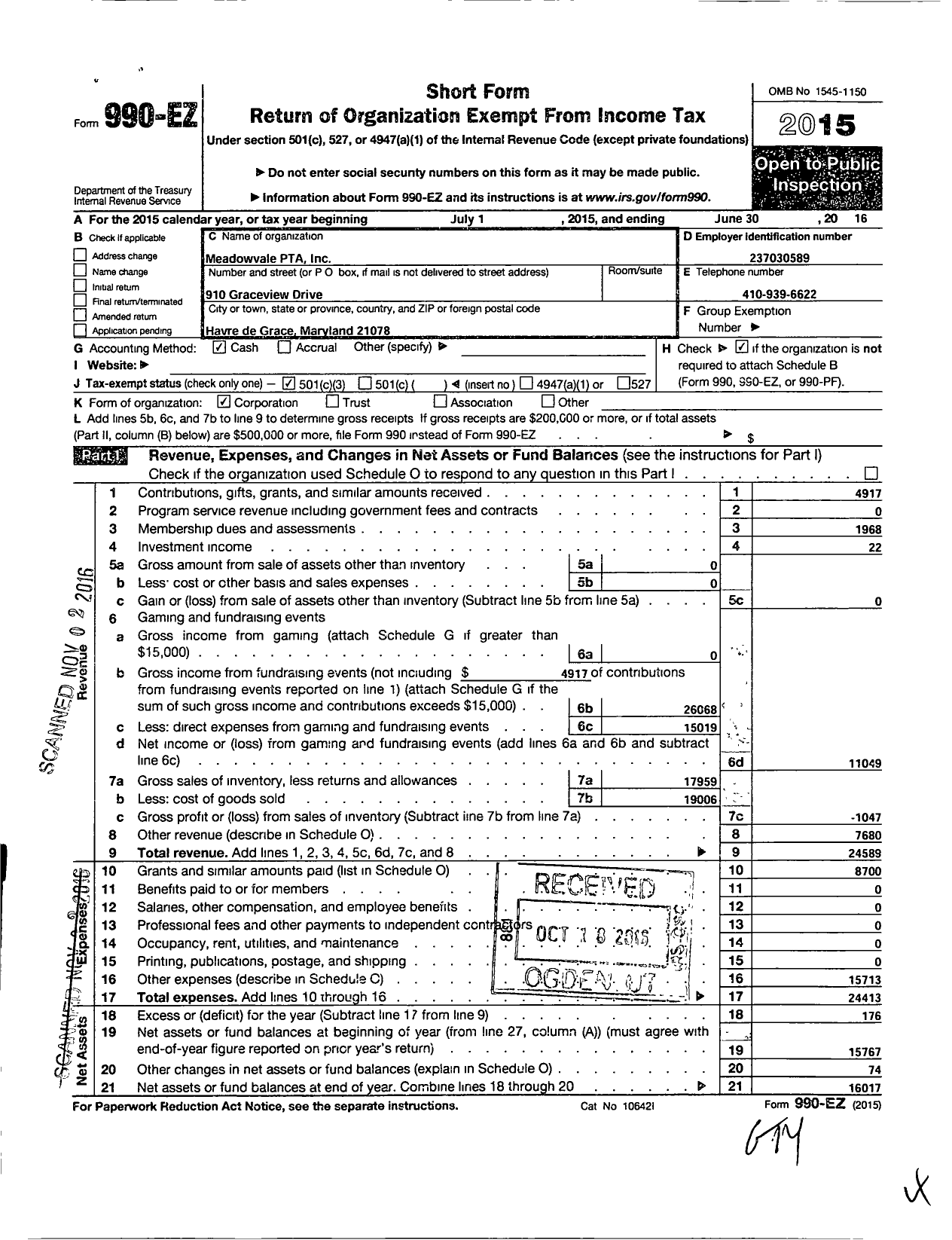 Image of first page of 2015 Form 990EZ for Meadowvale School PTA